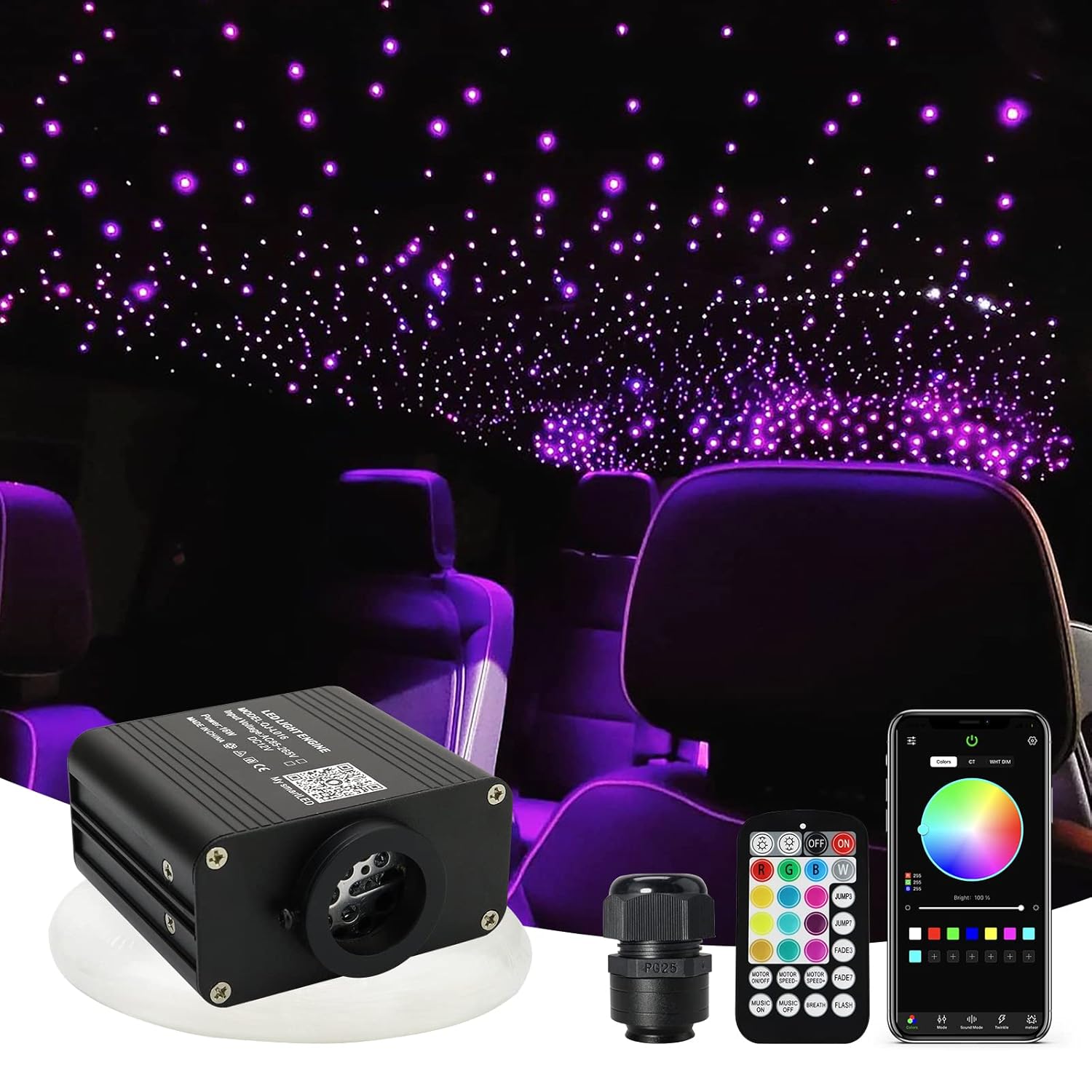 Updated 16W Starlight Headliner Kits 650Pcs 0.03In 9.8Ft Twinkle + Music Mode Mixed App Remote Sound Control Car Home Rgbw Fiber Optic Light Star Ceiling Light Kit