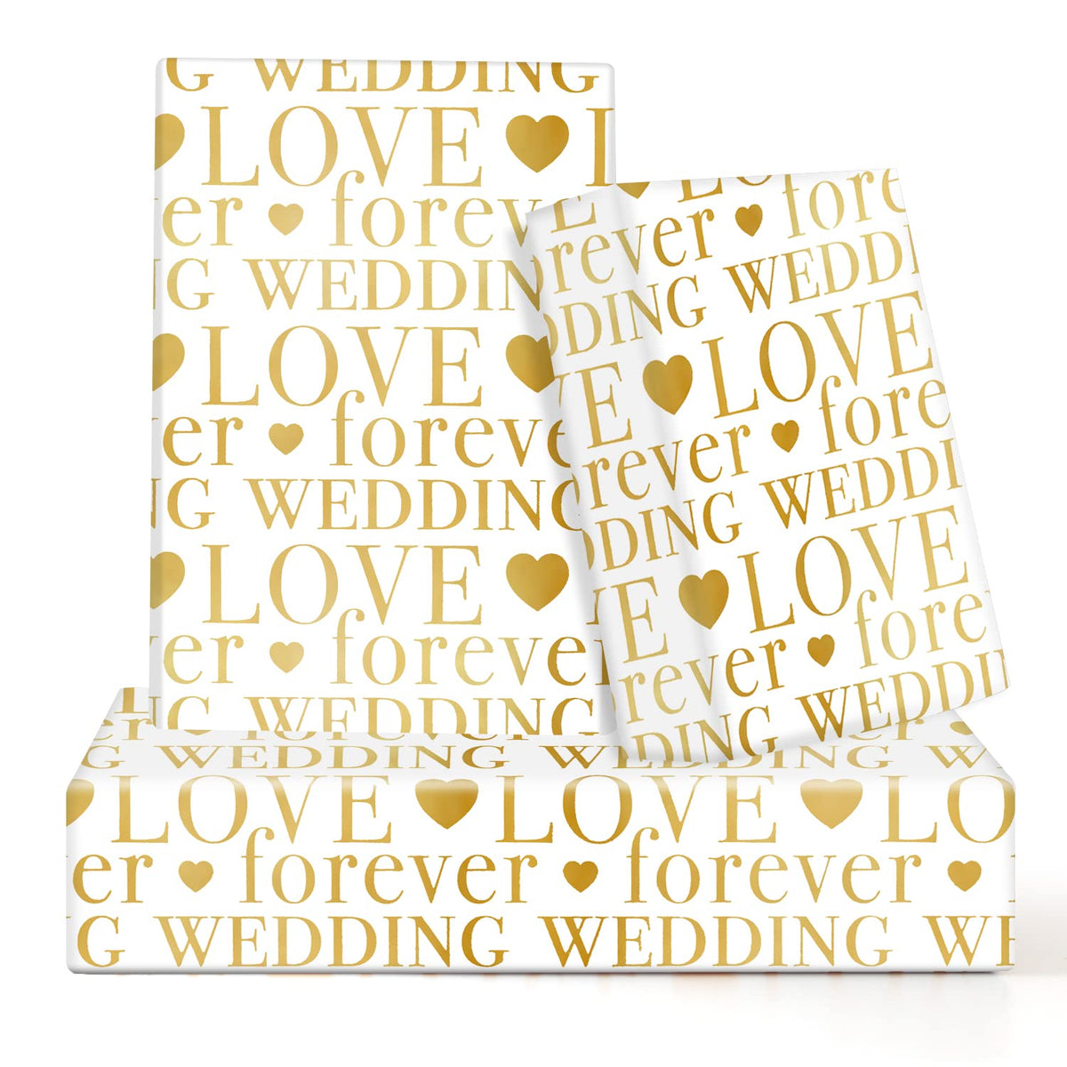 Wedding Wrapping Paper, Love Forever Wedding Letter With Hearts White Gold Foil Design 6 Sheets Folded Flat 20X28 Inches Per Sheet For Valentines Day, Weddings, Bridal Showers, Engagements