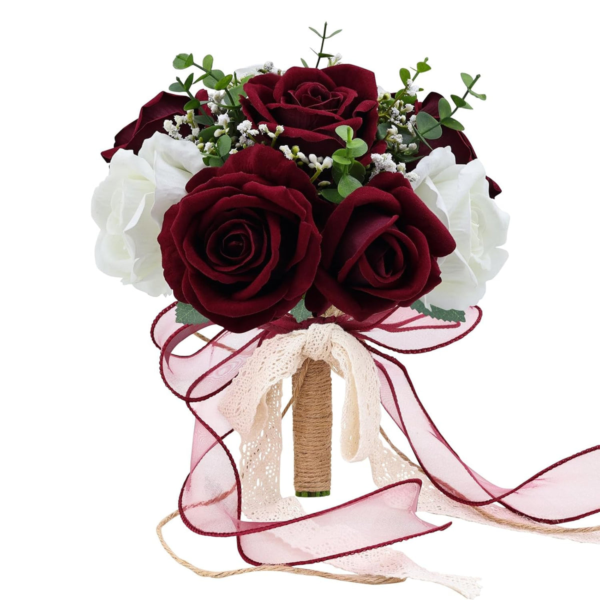 9In Wedding Bouquets For Bride Bridesmaid, Burgundy & White Artificial Roses Flowers Bouquet For Rustic Church Boho Wedding Or Centerpieces Decoration