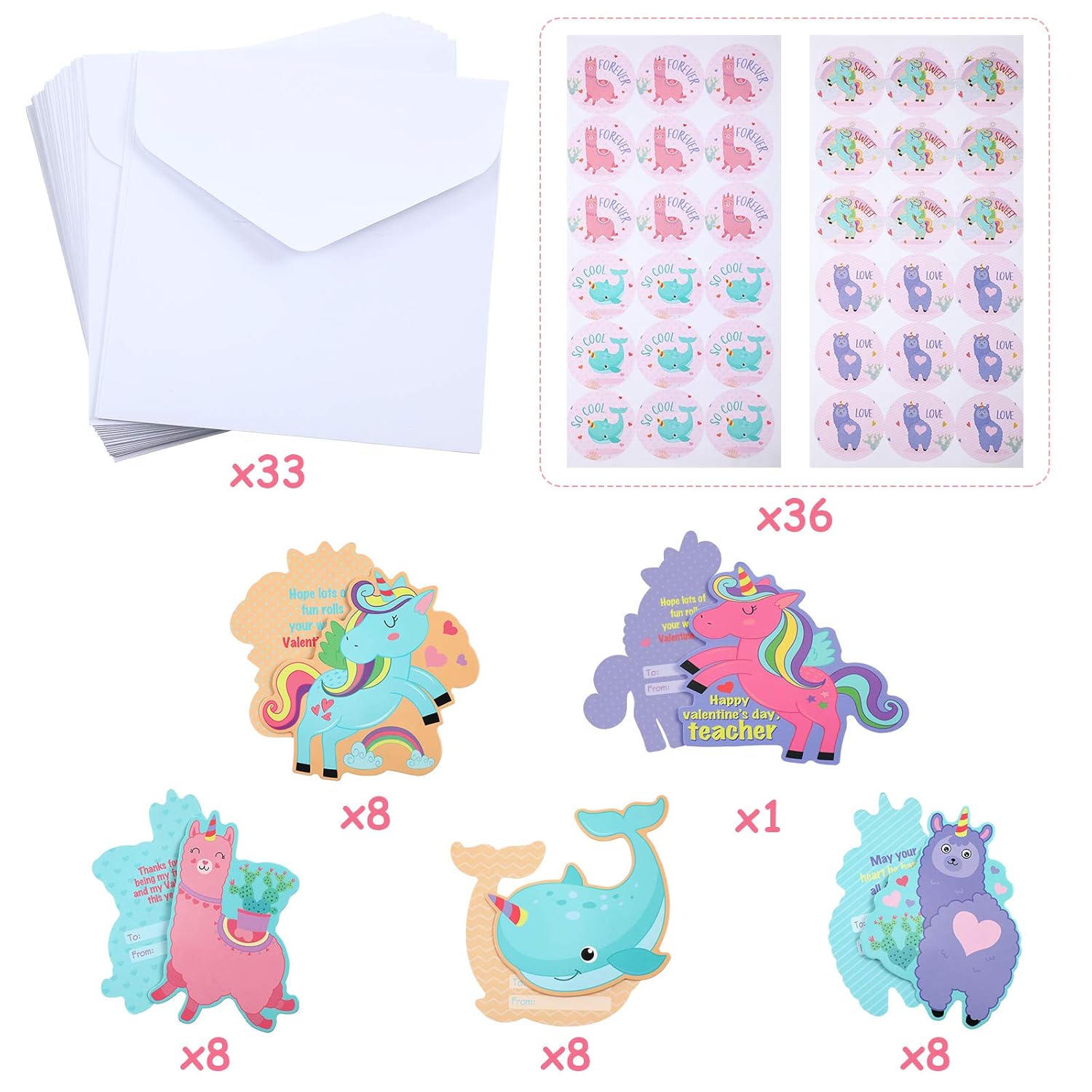 Valentine'S Boxes Unicorn Valentines Cards With Envelopes And Unicorn Stickers For Classroom Exchange Party Favor (1 Mailbox, 33 Valentine Cards, 33 Envelopes, 36 Stickers)