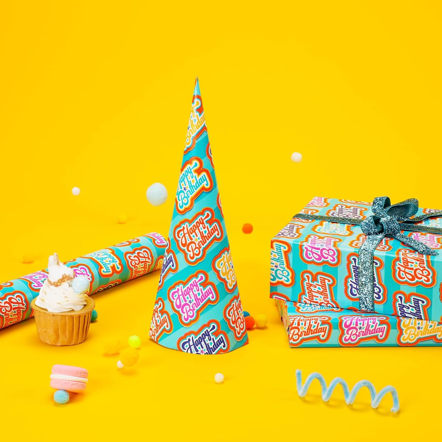 Birthday Reversible Wrapping Paper Mini Roll, Happy Birthday Text And Colorful Stripes, Perfect For Parties And Holiday Gifts, 17" X 33' (46.7 Sq. Ft)
