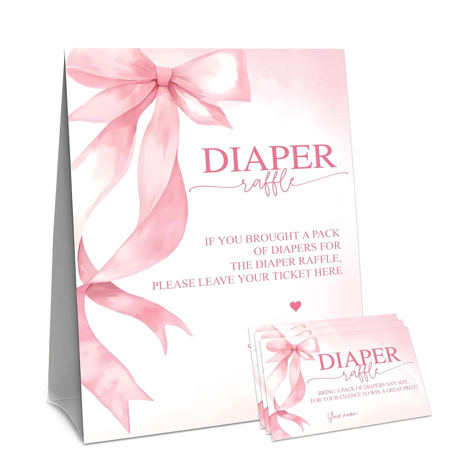 Baby Shower Diaper Raffle Game Set - Pink Bow 1 Standing Sign & 50 Diaper Raffel Tickets - Baby Announcement, Gender Reveal Party Activities & Decorations For Girls - A05