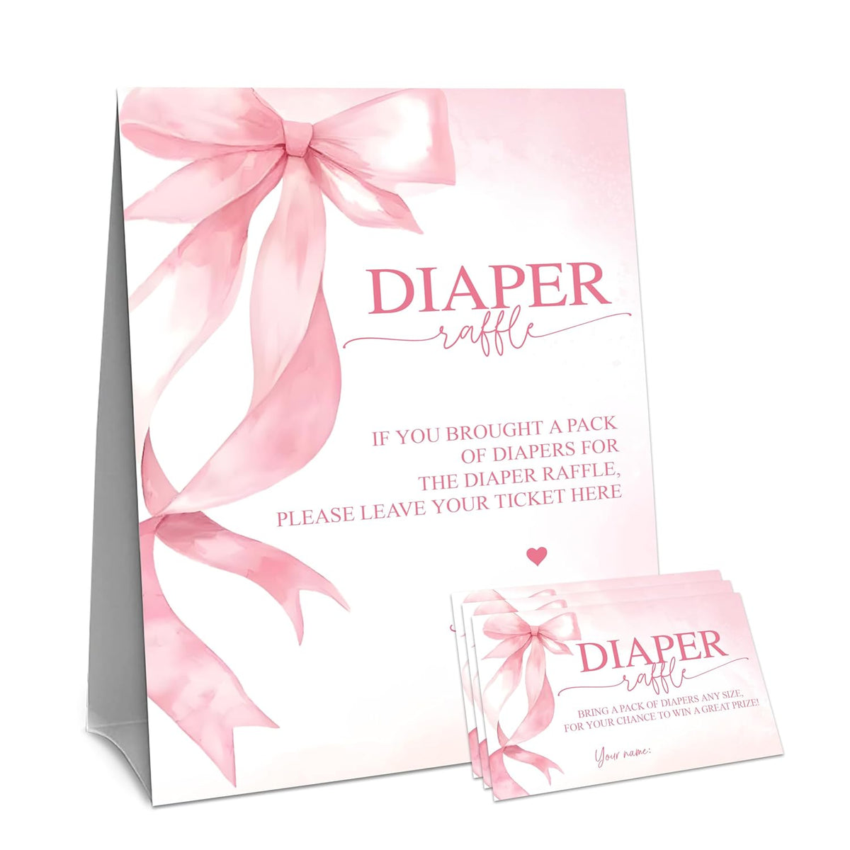 Baby Shower Diaper Raffle Game Set - Pink Bow 1 Standing Sign & 50 Diaper Raffel Tickets - Baby Announcement, Gender Reveal Party Activities & Decorations For Girls - A05