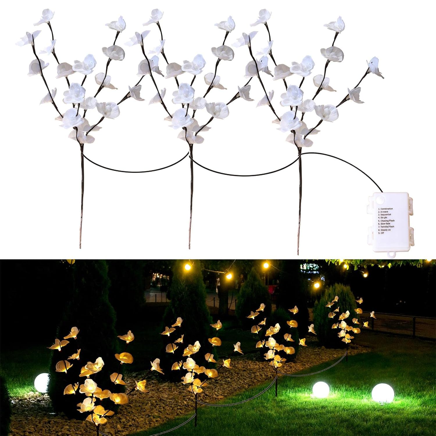 3Pcs Led Lighted Tree Branches Lights With Timer With White Artificial Orchid Flowers Home Decor, Battery Operated, Decorative Fairy Spirit Tree Lamp For Vase Table Centerpieces Party Christmas