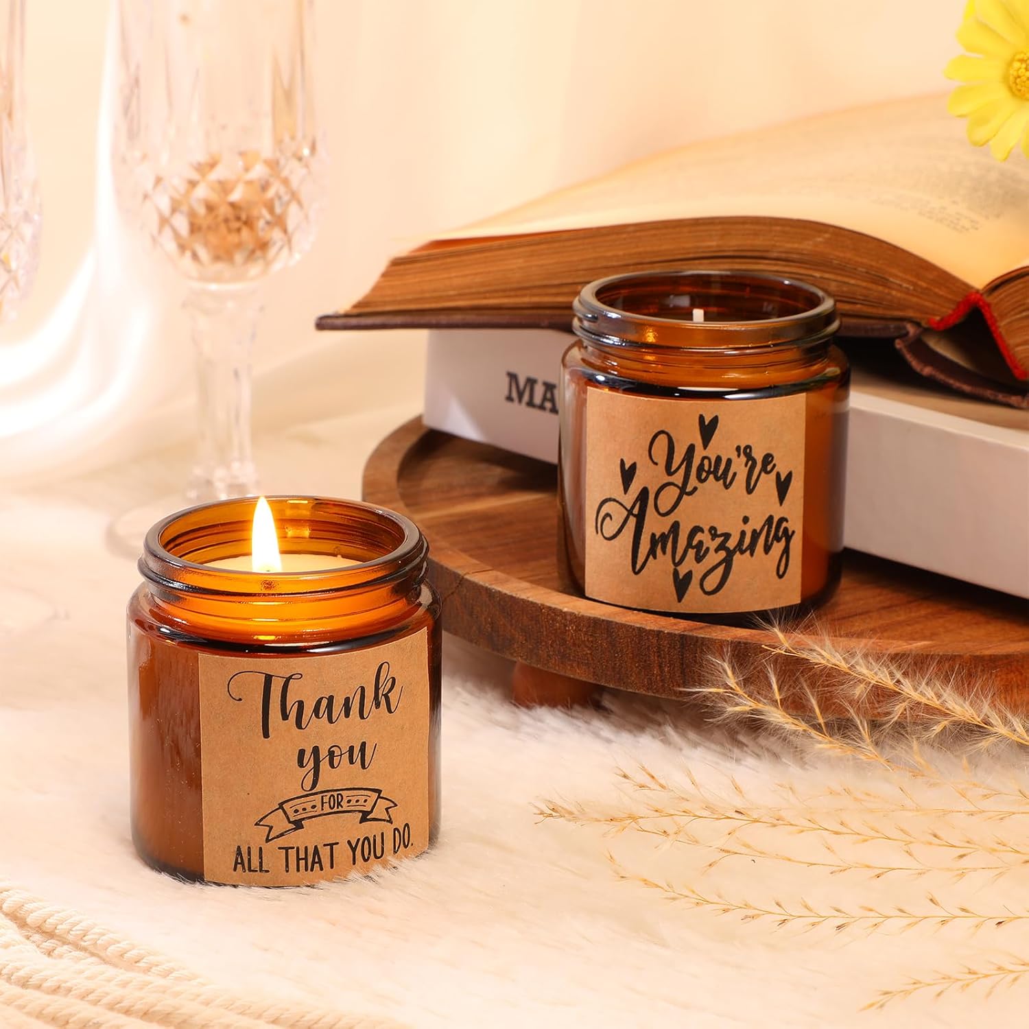 10 Jars Thank You Gift Candles 3.5 Oz Valentines Employee Appreciation Gifts Bulk Soy Wax Jar Inspirational Candle Thank You Coworkers Employee Women Secretaries Teacher(Amber,Pretty,Lovely)