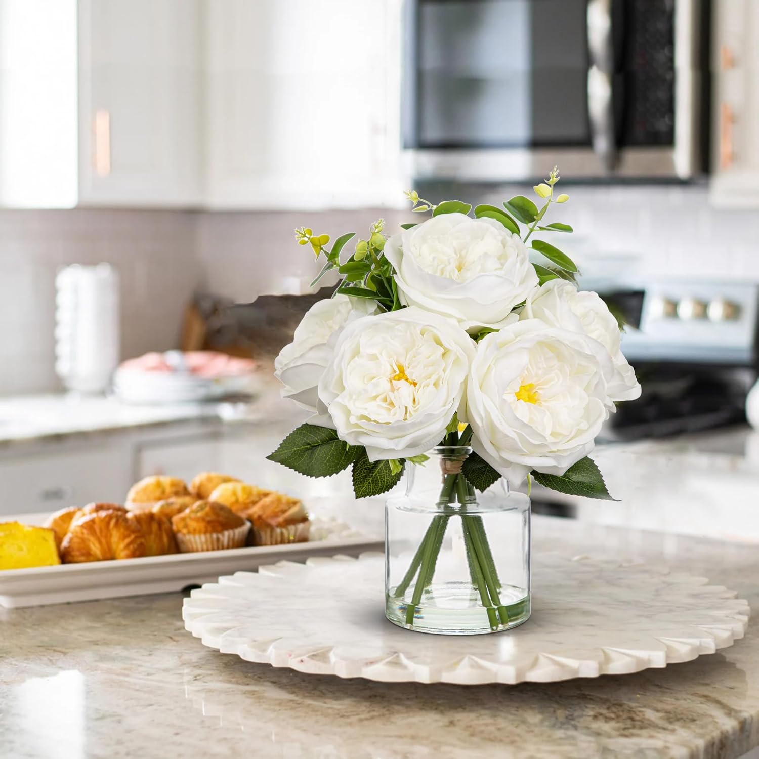Real Touch Peonies Artificial Flowers Arrangements In Vase White Fake Peonies With Glass Vase Silk David Austin Roses Faux Flowers With Clear Faux Water Bouquet Table Centerpiece Home Decor