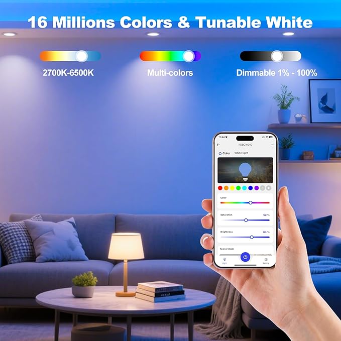 Smart Light Bulbs 4 Pack A19 WiFi Bluetooth RGBCW Color Changing LED Bulbs Alexa Google Compatible