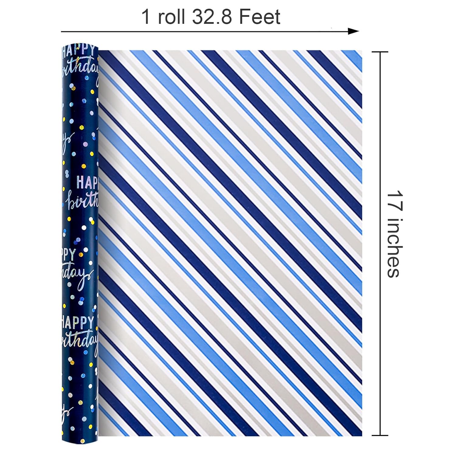 Birthday Wrapping Paper Roll, Blue Metallic Holographic Happy Birthday Wrapping Paper Featuring Revesible Stripe Gift Wrap Paper For Boys Kids Girls Men, 17 Inches X 33 Feet
