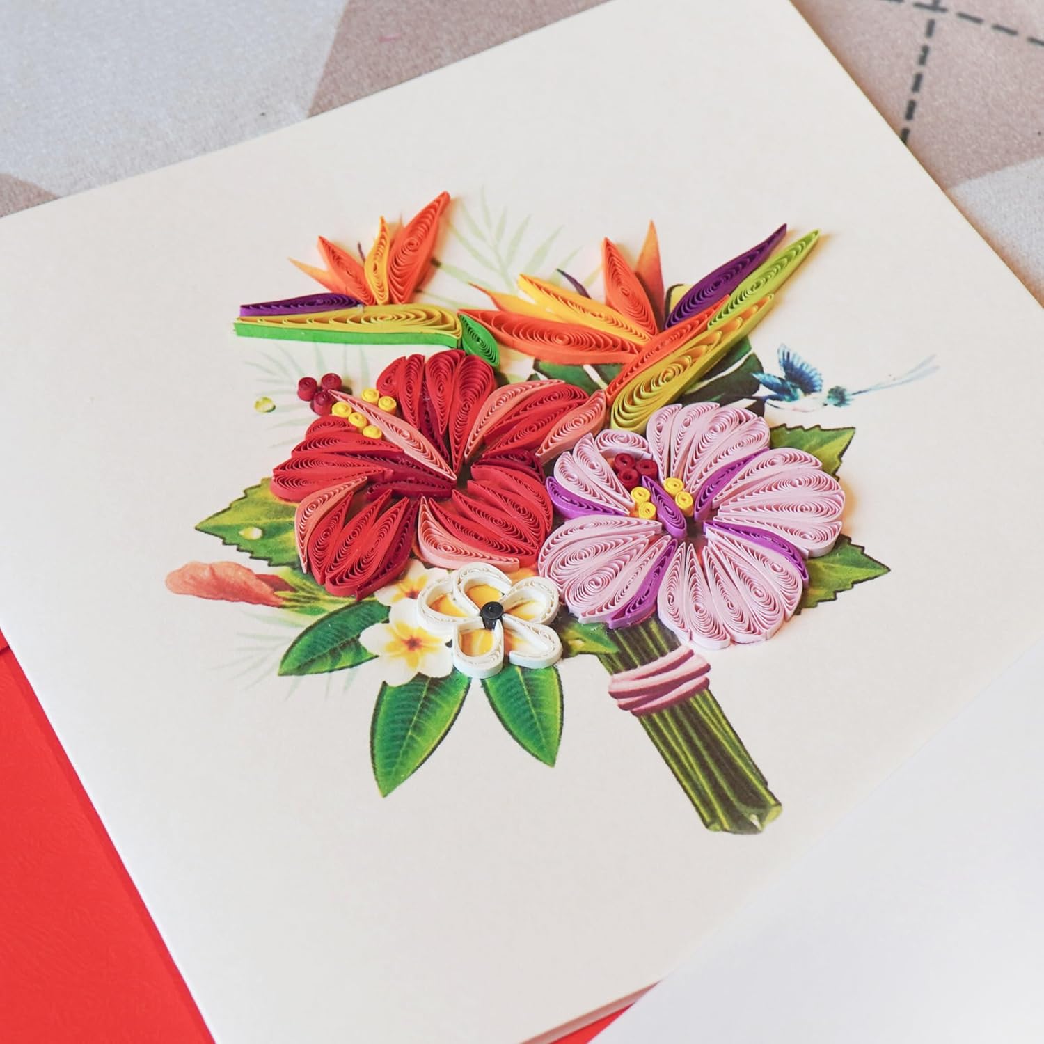 Unique Quilling Card - Tropical Hibiscus Bouquet Design | Handmade Greeting Card For Birthday, Anniversary, Christmas, Mother’S Day, Thank You, Friends & Loved Ones