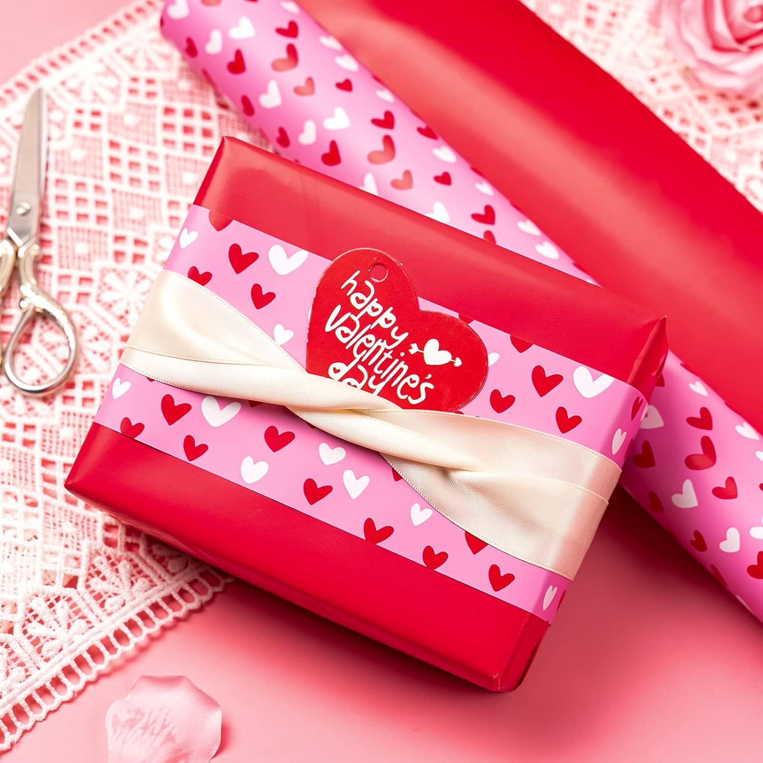30 Inch Reversible Valentines Day Wrapping Paper - 30 Inch X 33 Feet - Pink And Red Heart Wrapping Paper For Valentine'S Day, Anniversary, Birthday, Wedding, Baby Shower