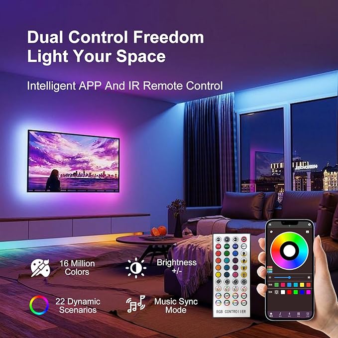 200FT RGB LED Strip Lights Bluetooth Music Sync Remote App Control Bedroom Lights