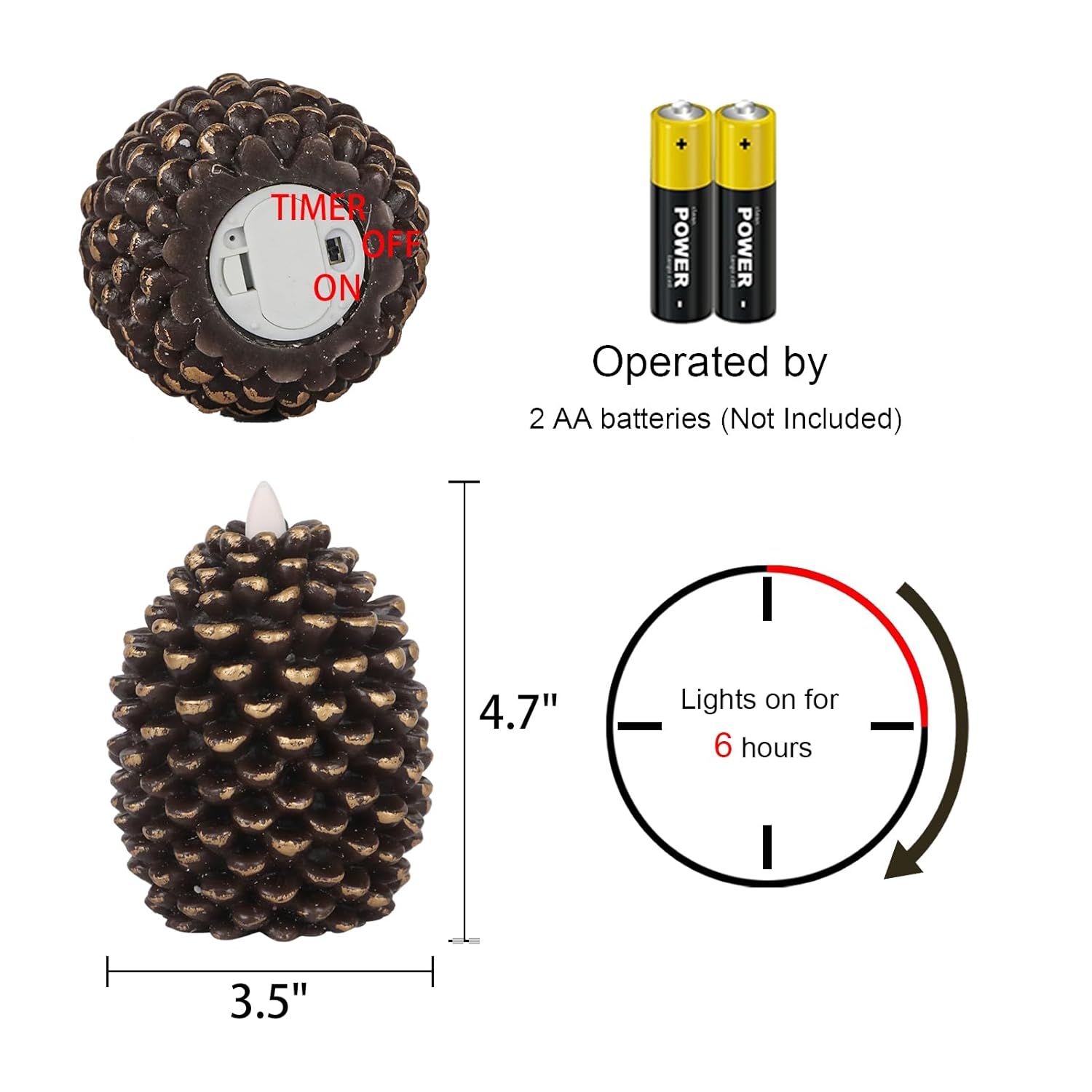Pine Cone Flameless Candles Battery Operated With 6 Hour Timer Unscented Real Wax Flat Wick Flickering Pinecone Led Candles Christmas Home Holiday Decoration(2 Pack Brown)