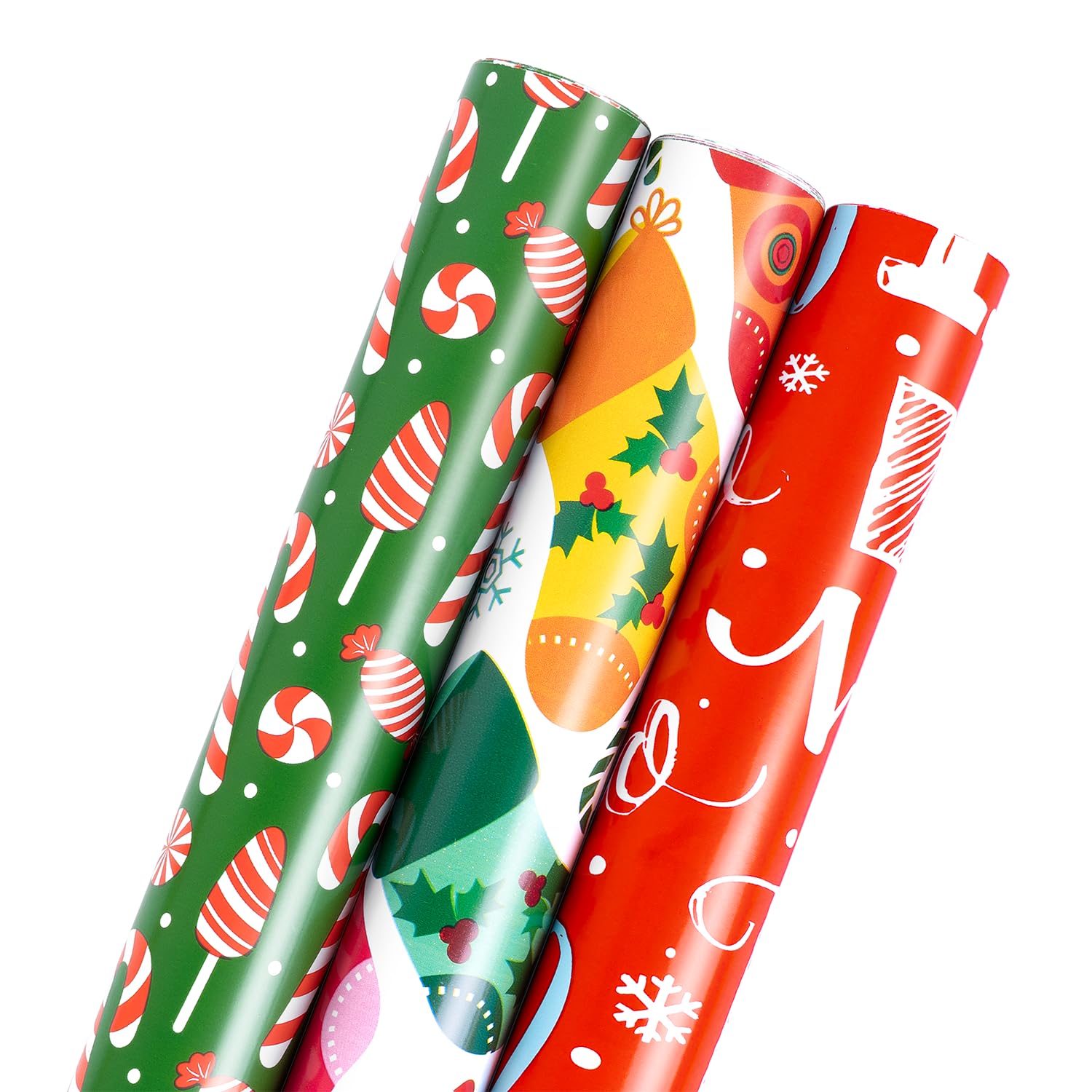 17 Inches X 9 Feet Christmas Wrapping Paper Roll, Mini Roll, 3 Rolls, With Christmas Stocking, Merry Christmas, Candies Holiday Design, Suitable For Xmas, Gift Packaging, Xmas Parties