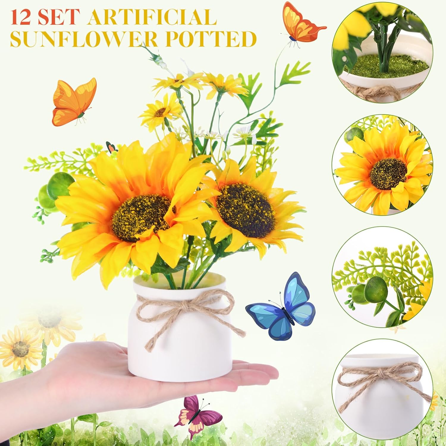 12 Pcs Artificial Sunflower Potted Plants Rustic Silk Sunflowers For Kitchen Spring Centerpieces For Tables Yellow Fake Flower With Plastic Pot For Summer Bathroom Wedding Office (White)