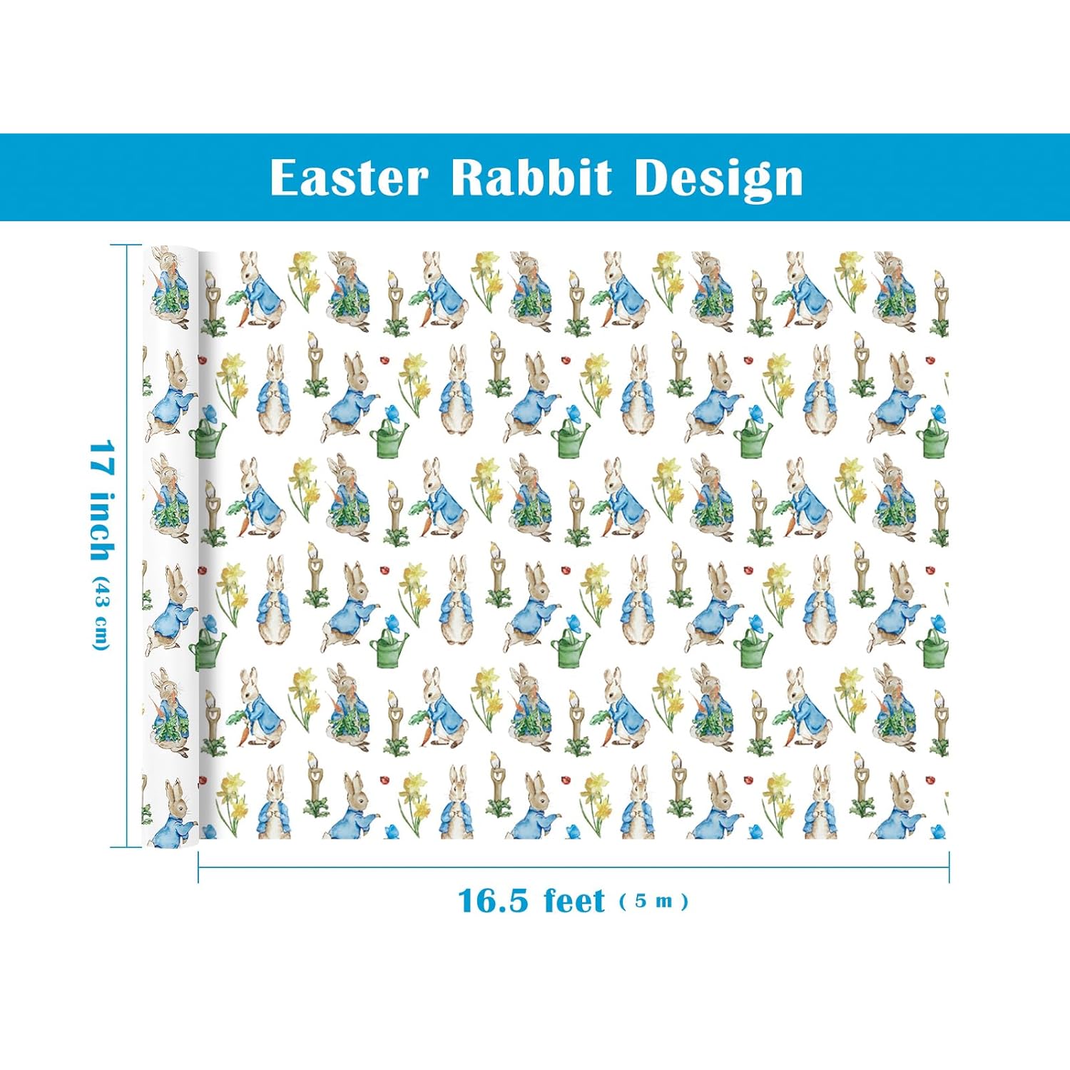 Easter Wrapping Paper Roll - Mini Roll - 17 Inch X 16.5 Feet - Rabbit Design Perfect For Easter, Spring Party, Baby Shower, Holiday