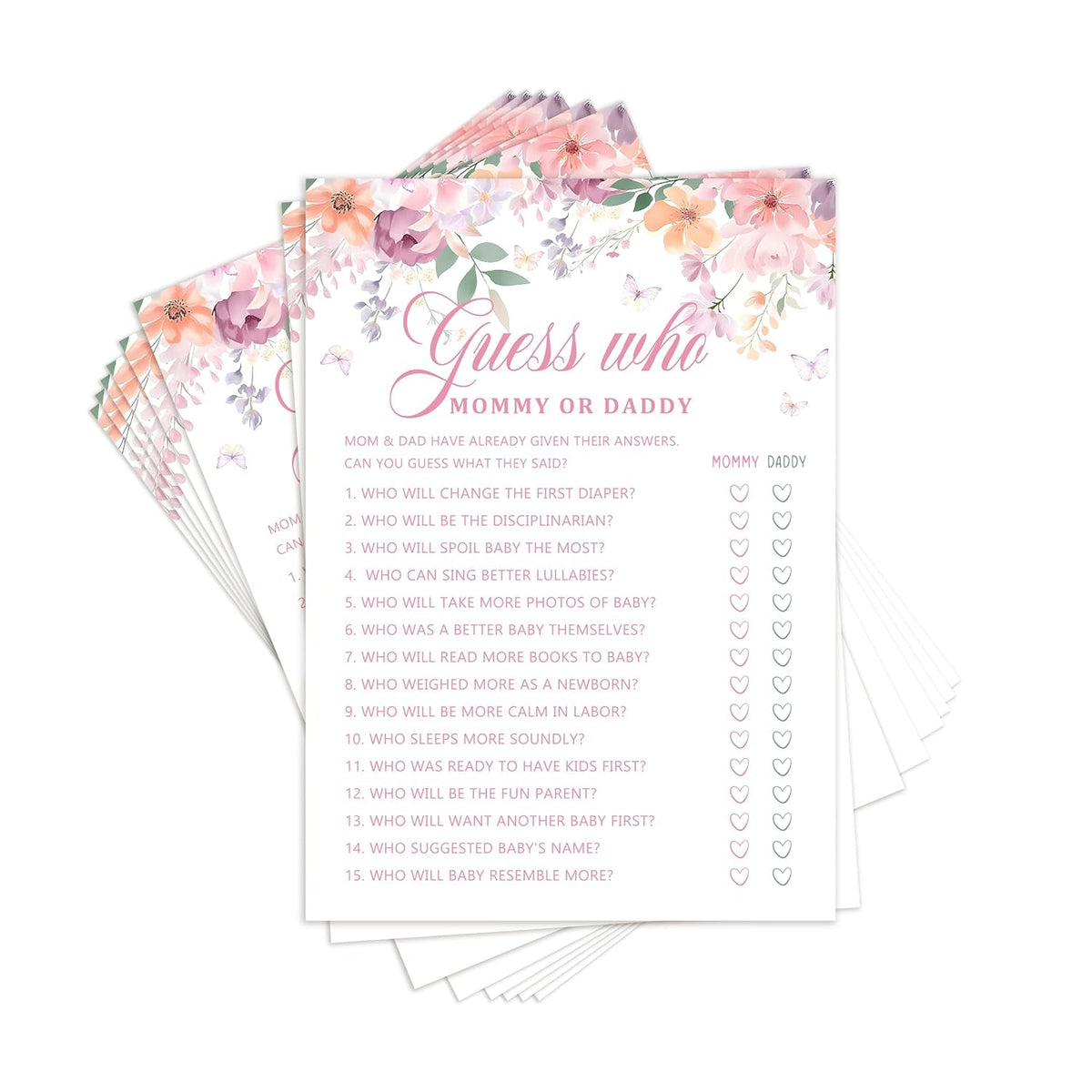 Baby In Bloom Baby Shower Games, Guessing Who Mommy Or Daddy Game For Girl, 5X7 In & 25 Pcs Floral Game Cards For Party Decorations-B01