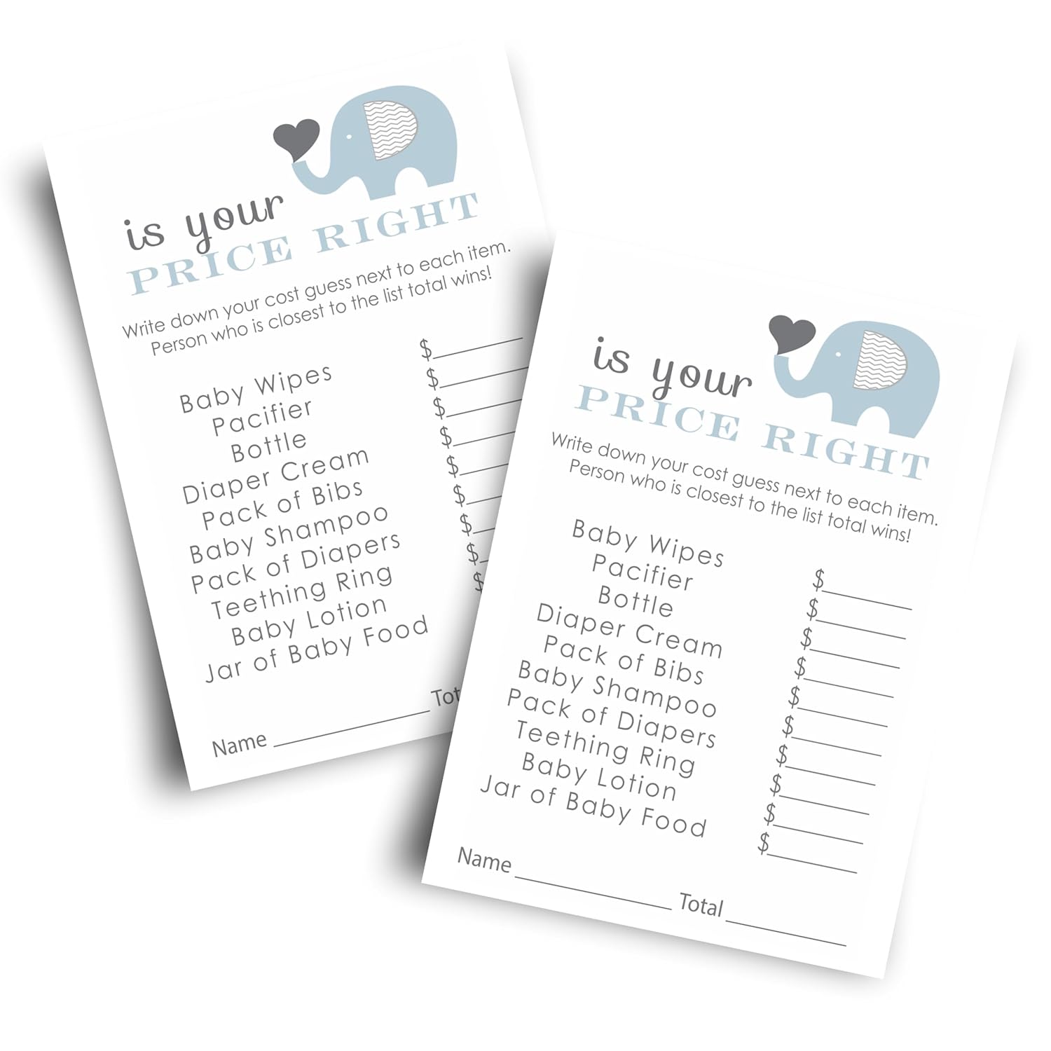 Blue Elephant Baby Shower Games - The Price Is Right Game - 25 Cards - Activities For Guests - Jungle Animal Theme For Boy Baby Shower - Ideas For Couples & Gender Reveal