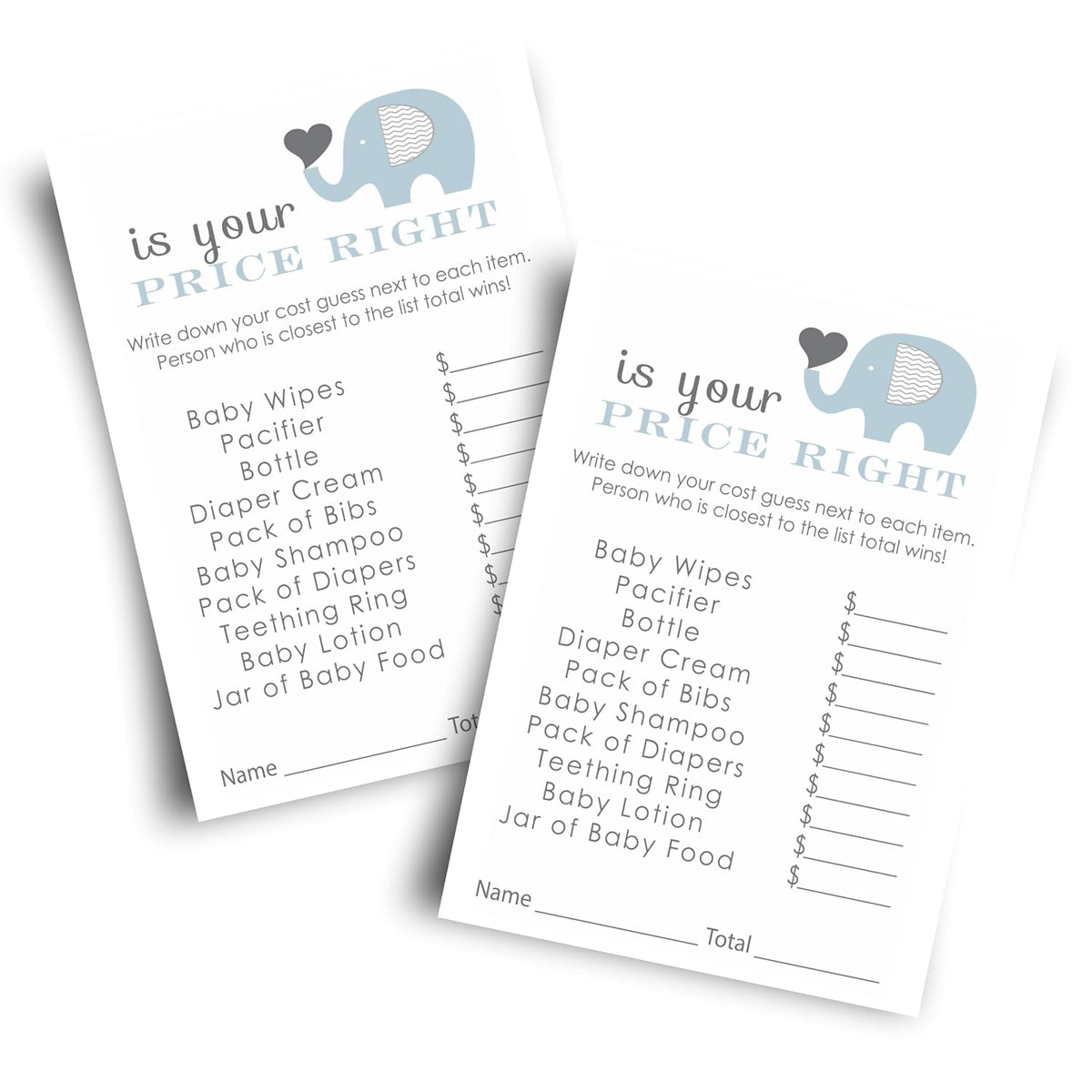 Blue Elephant Baby Shower Games - The Price Is Right Game - 25 Cards - Activities For Guests - Jungle Animal Theme For Boy Baby Shower - Ideas For Couples & Gender Reveal