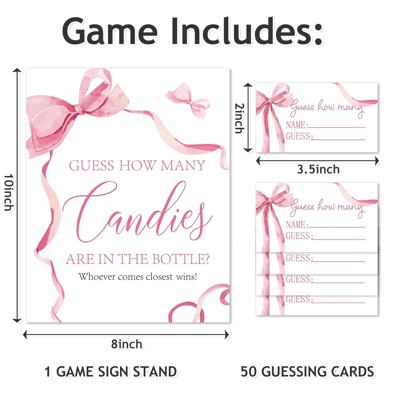 50Pcs Bow Guessing Game Cards With Sign Coquette Pink Bowknot Guess How Many Candies Game Cards For Birthday Baby Shower Wedding Supplies