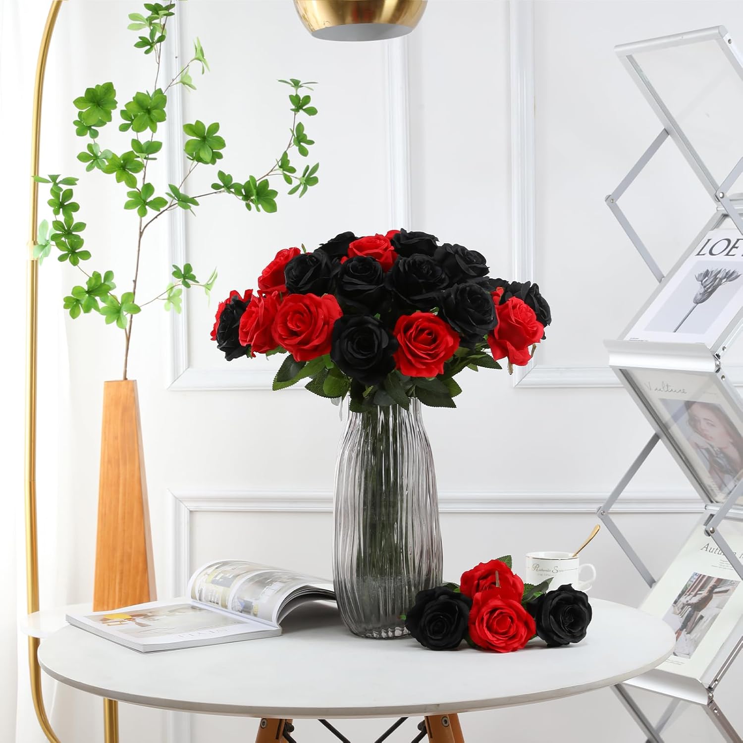 Roses Artificial Flowers - 12 Pcs Realistic Long Stem Fake Roses Mashup Style Silk Roses For Diy Bouquets Wedding Centerpieces Arrangements Home Party Decor(Black & Red)