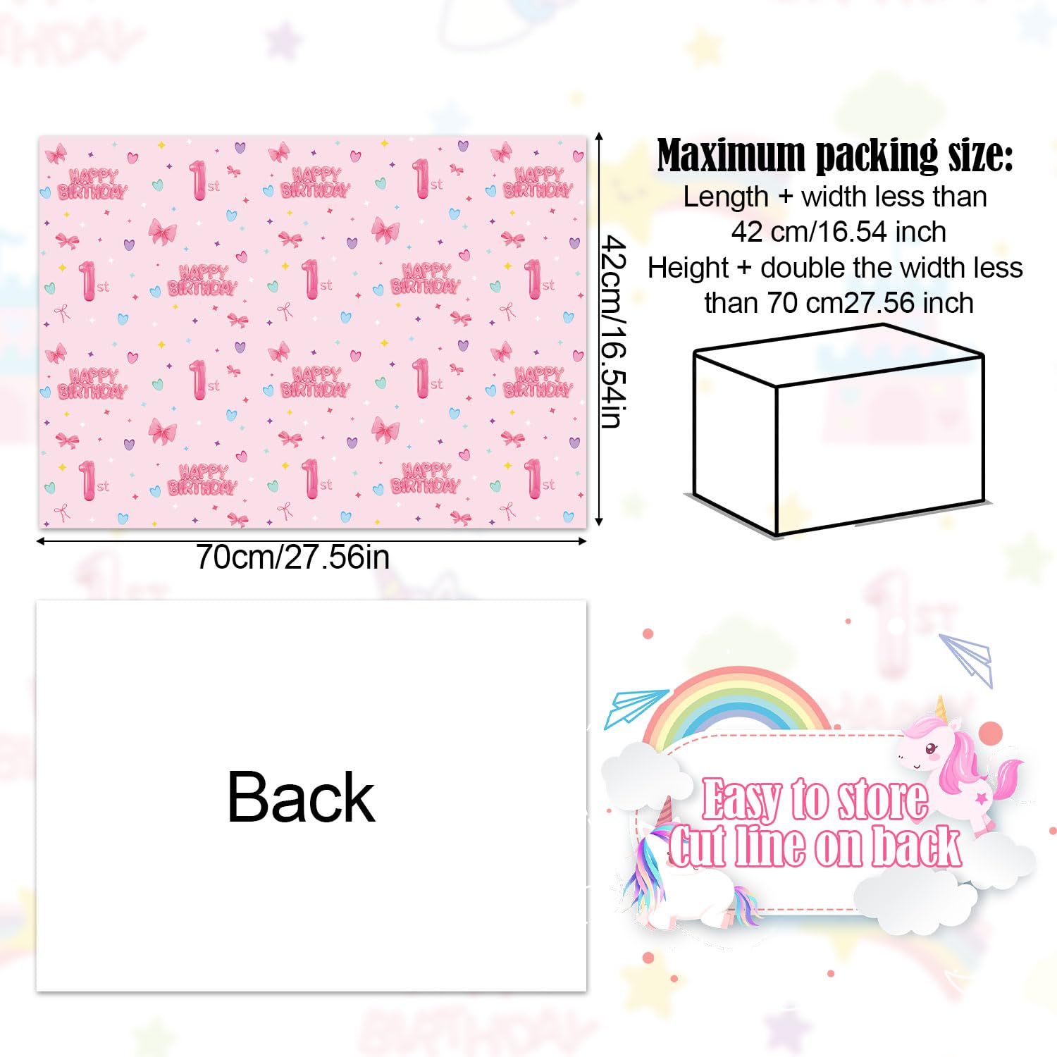 10 Sheets 1St Birthday Wrapping Paper For Girls, 27X16 Inch First Pink Happy Birthday Packaging Tissue Paper For Baby Shower Party Favors Gift Wrap (Style 3)