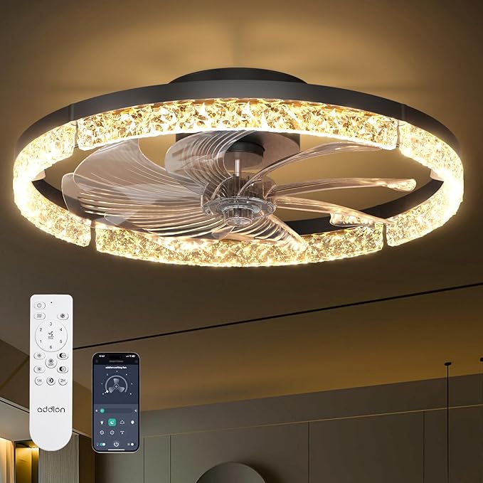 20 Inch Low Profile Ceiling Fan with Light and Remote Black Dimmable Fandelier