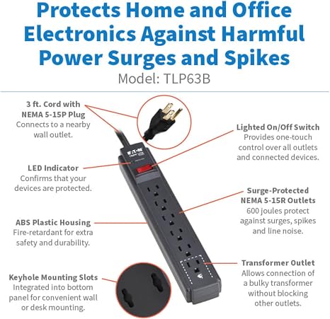 6 Outlet Surge Protector Power Strip 3FT Cord 600J 15A Circuit Breaker Black