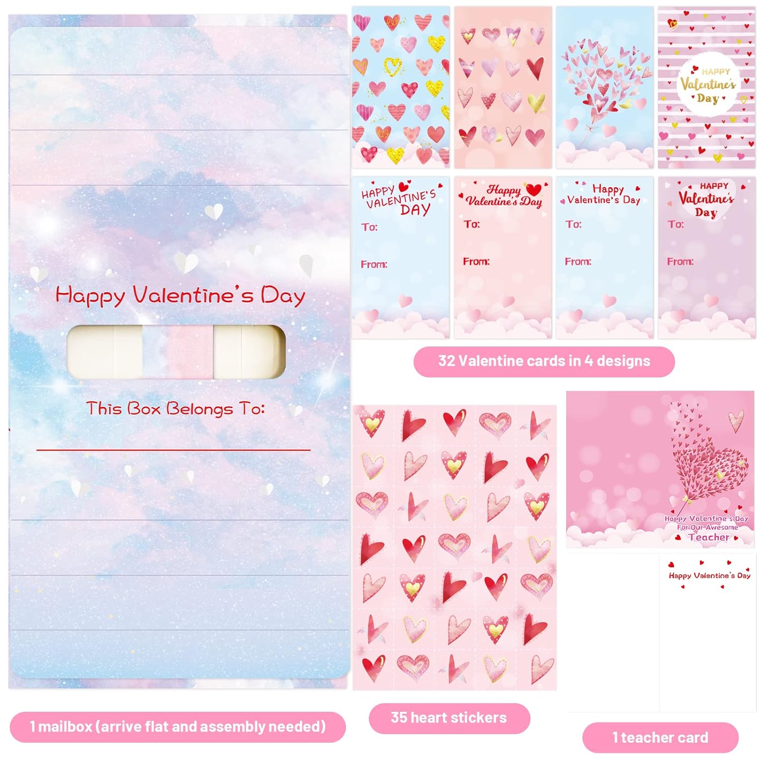 Valentine Boxes For Kids Valentines Day Cards With Heart Mailbox Set For Boy Girl Toddlers School Classroom Holiday Favor Exchange Supplies 1 Box, 32 Valentine Cards, 1 Teacher Card, 35 Stickers