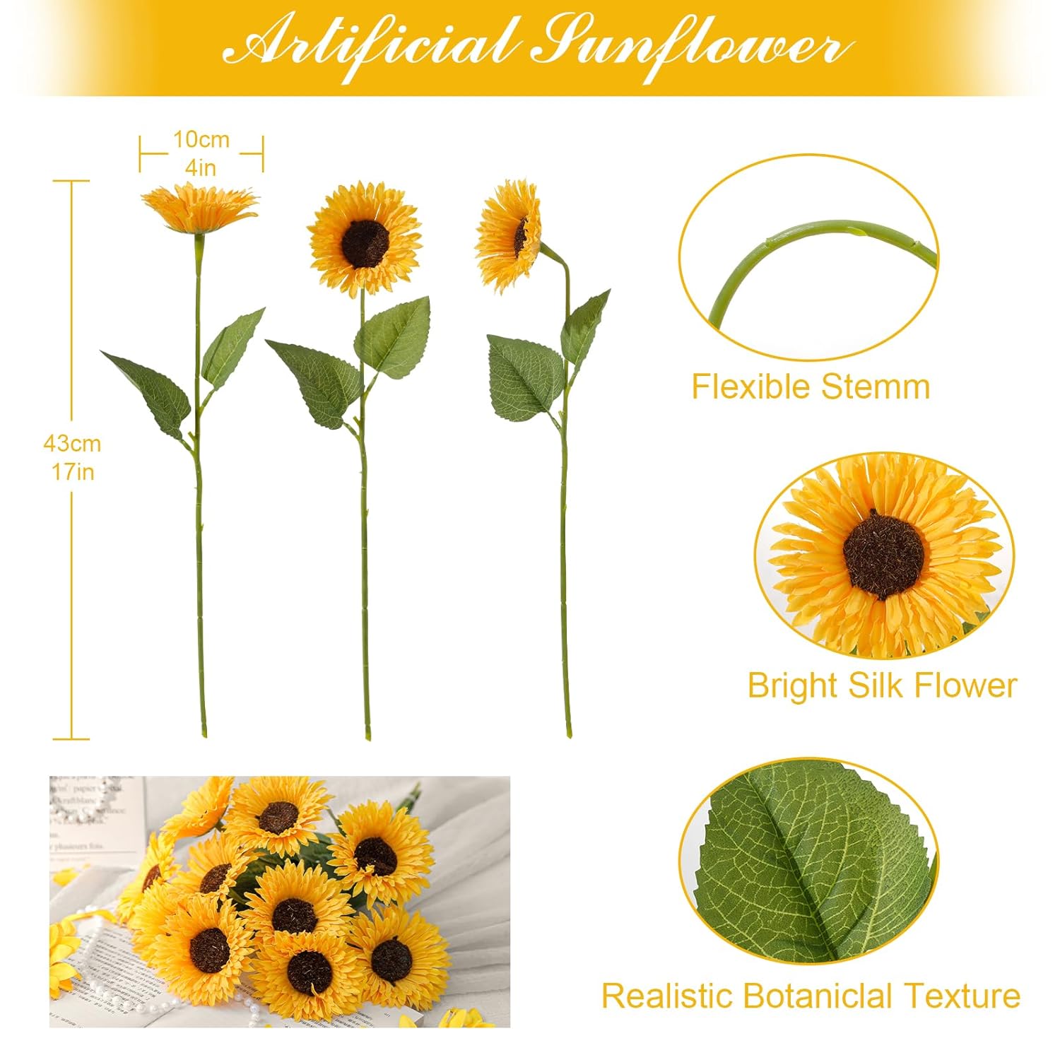 10Pcs Artificial Sunflower With Stems – Single Long Stem Silk Sunflower, Lifelike Yellow Fake Sunflower For Vase Diy Bouquet Wedding Centerpieces Party Garden Home Décor