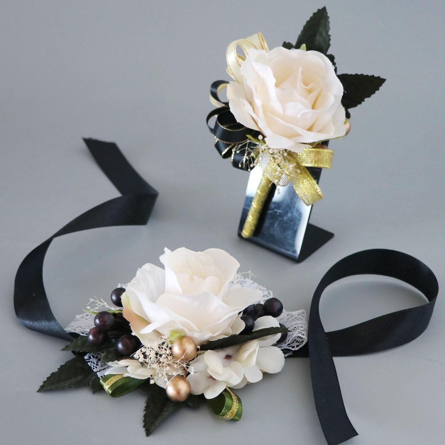 Ivory Rose Rose&Black Wrist Corsage And Boutonniere Set For Ivory Rose Wedding Flower Accessories Prom Suits (3Pairs Ivory Rose Set)
