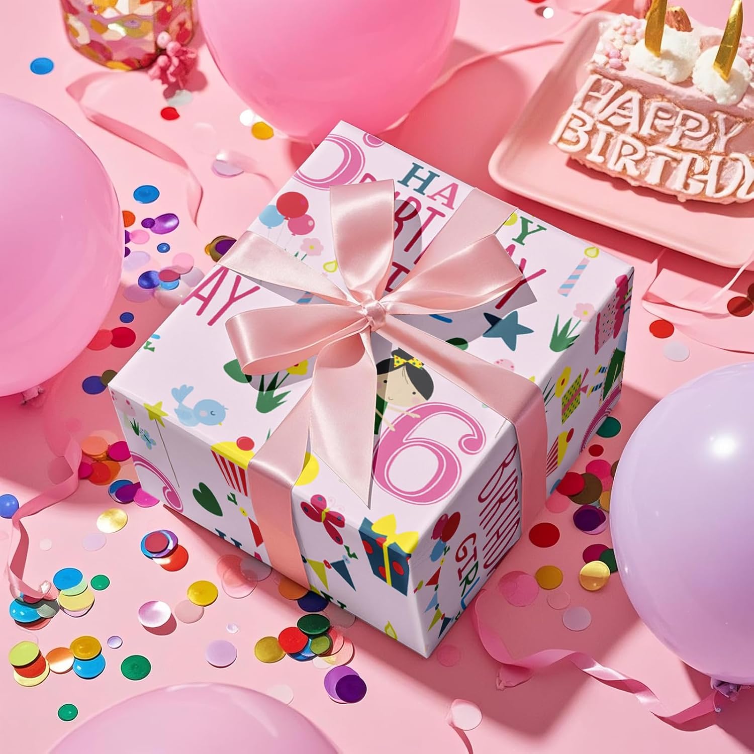Happy 6Th Birthday Wrapping Paper Roll For Girls, Mini Roll, Pink Happy Birthday Girl Pattern Design For Party And More, 17 Inches X 16.4 Feet, 6 Years Old