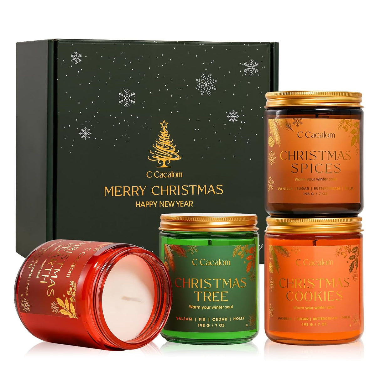 4Pack/28Oz Christmas Soy Candles Gift Set Non-Toxic Aromatherapy Scented Holiday Candles For Chritmas Gifts Home Decor, Luxury Vinilla/Apple/Eucalyptus/Rose Jar Candle, Winter Candle Set For Women Men