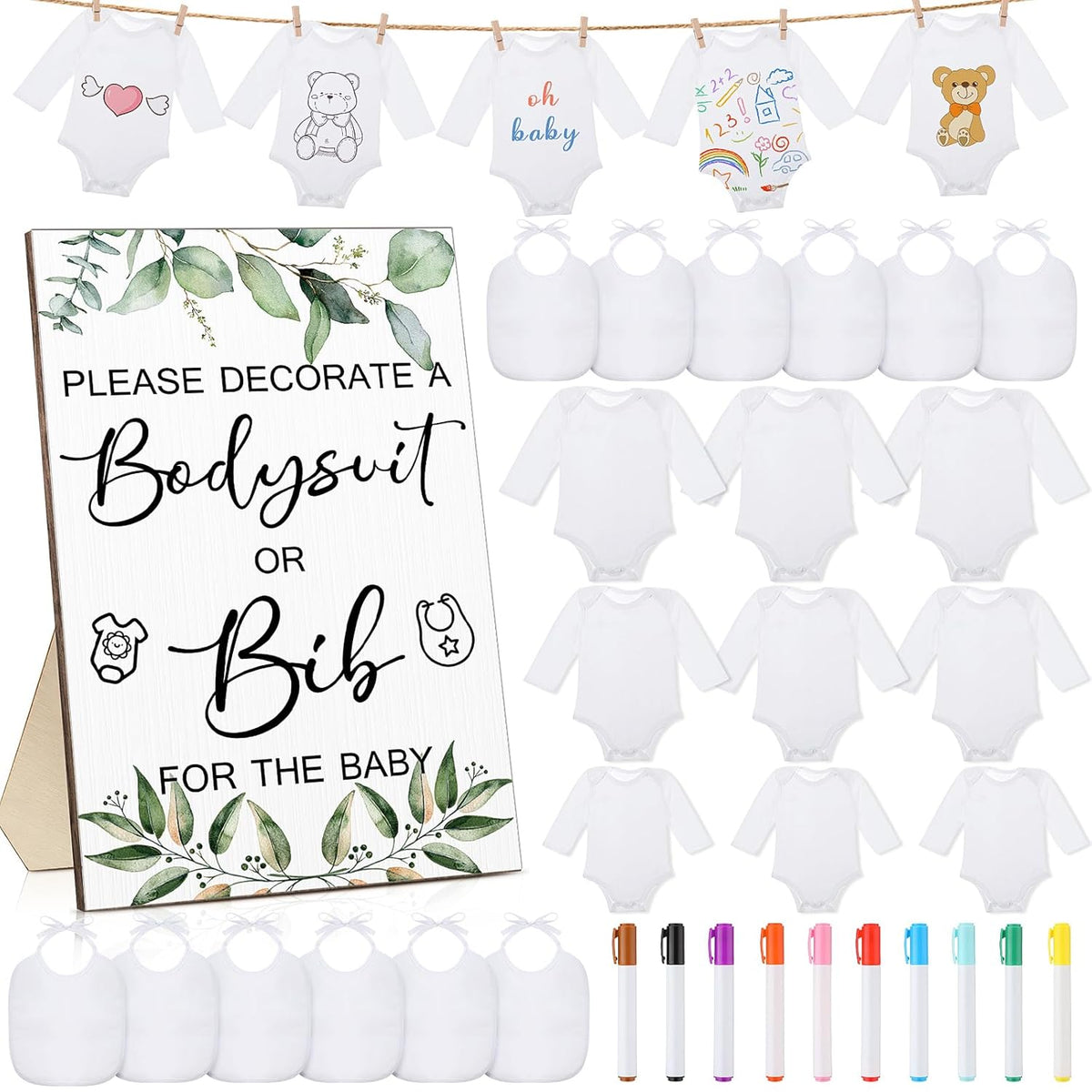 43 Pcs Baby Shower Games White Bodysuit Decorating Kit Bibs Design Games Prizes, Include Wooden Game Sign With 15 Blank White Bibs 15 Bodysuit 12 Marker For Shower