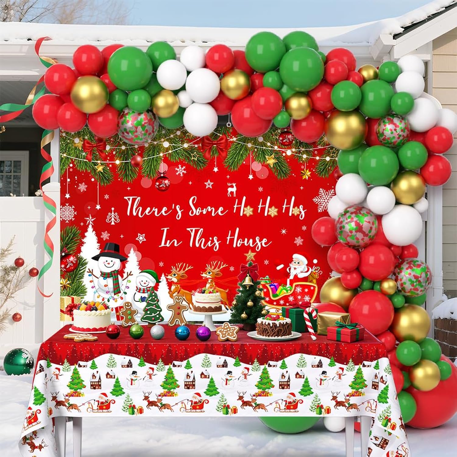 129Pcs Happy Christmas Party Decorations Merry Christmas Balloon Arch Kit Includes There Is Some Ho Ho Ho In This House Banner, Xmas Themed Balloons And Tablecloths For Merry Friendsmas Party