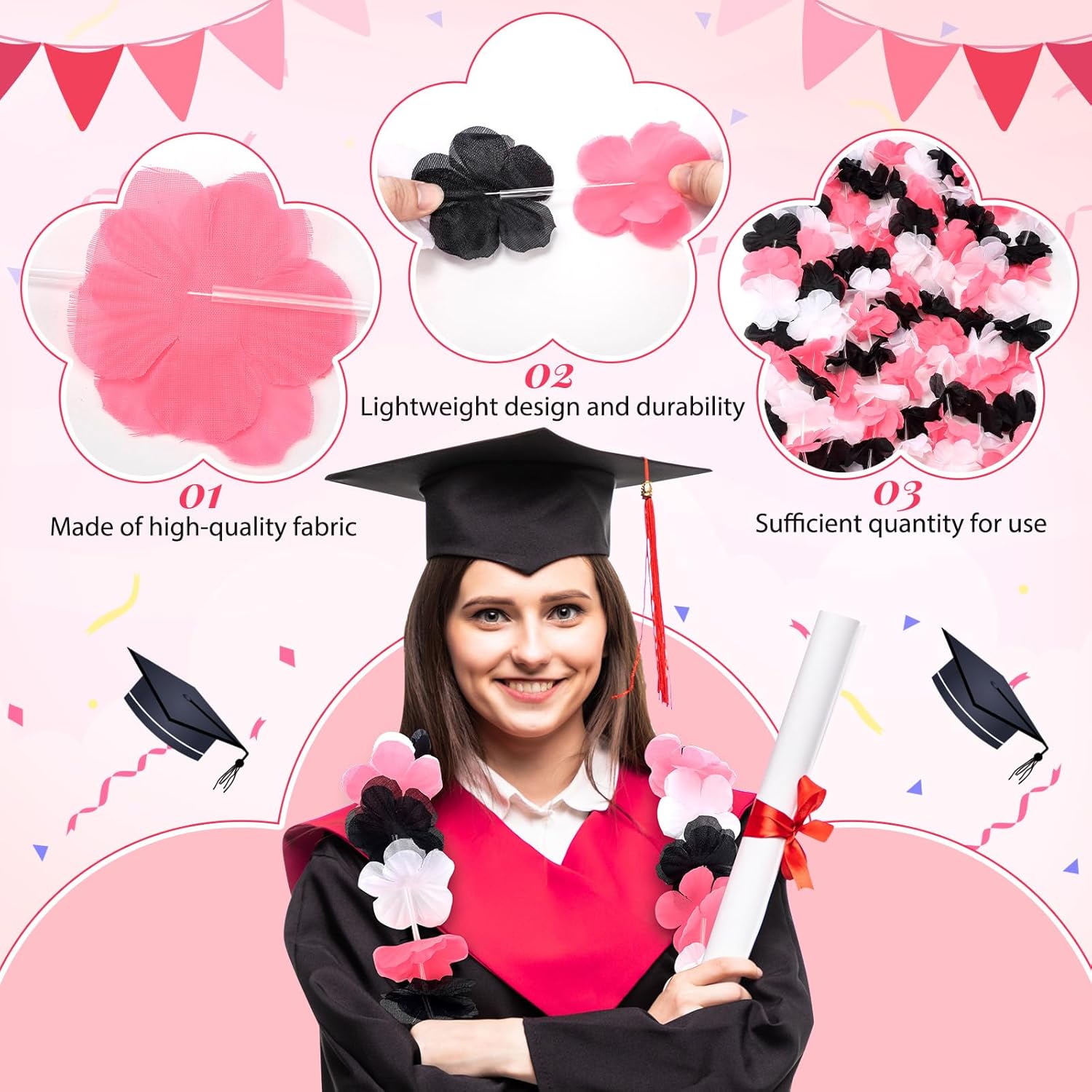 20 Pcs Bulk Graduation Leis Class Of 2025 Hawaiian Leis Flower Necklaces 39.4 Inch Graduation Garlands For High School College Graduate Grad Party Favor Photo Prop(Black White Pink)
