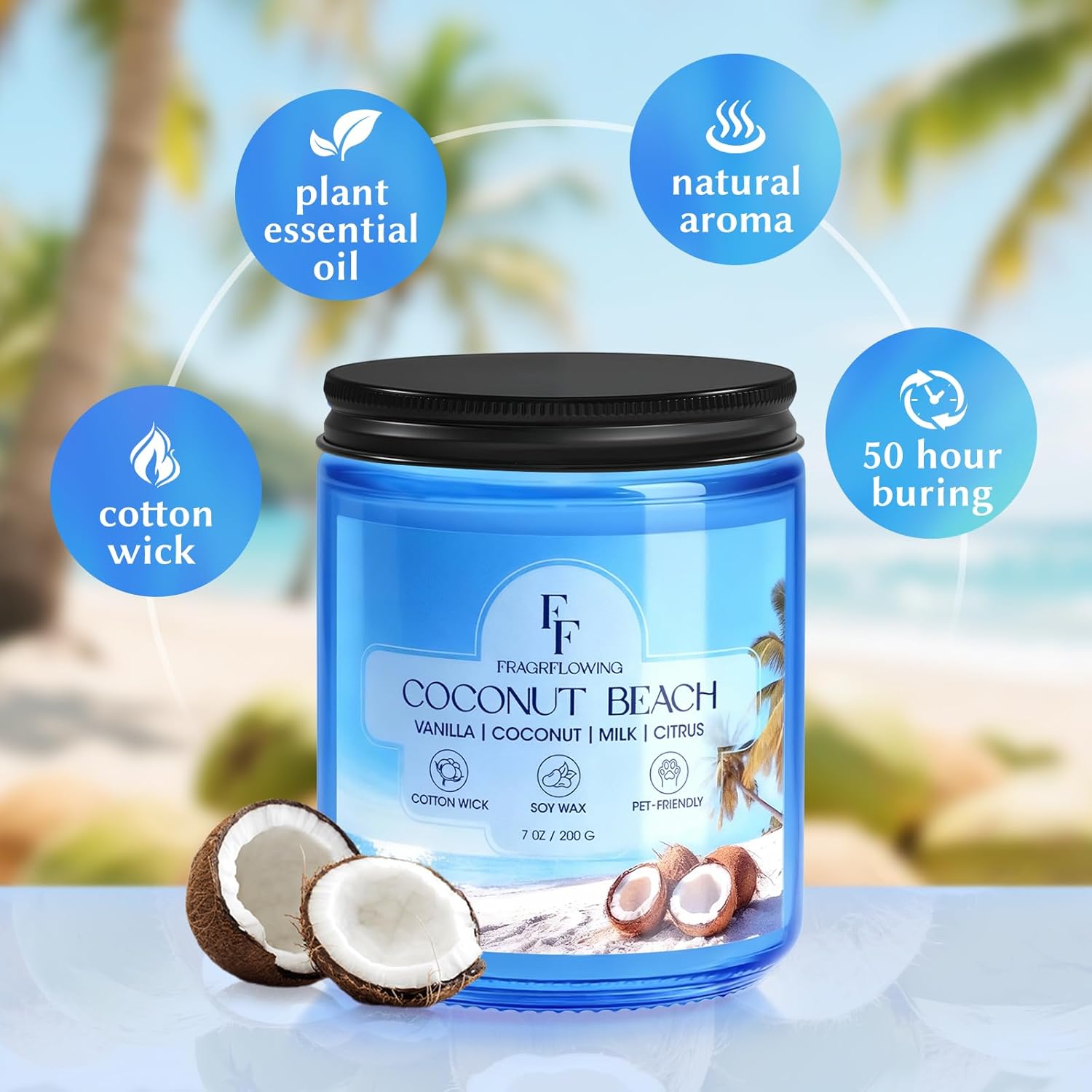 Coconut Beach Scented Candle, Natural Soy Wax Jar Candle For Home Scented, 100-Hour Burn Time Gifts For Women Men, 7 Oz (2 Pack)