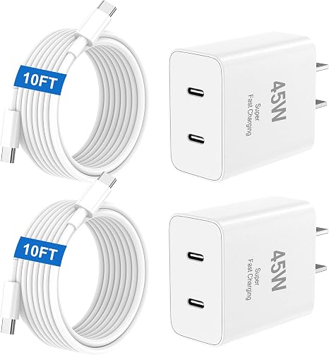 45W Dual Port USB C Fast Charger with 10FT USB C Cable for iPhone 17 16 15 iPad Samsung Galaxy S26 S25
