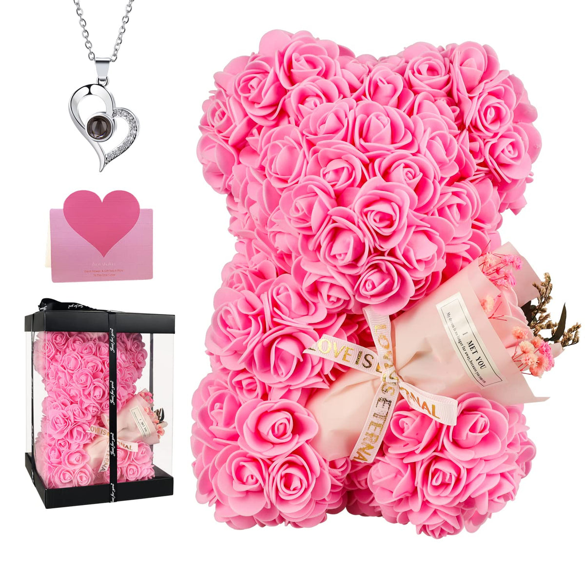 Rose Bear Gift For Mom, Mothers Day Preserved Rose Teddy Bear With Gift Box & Greeting Card – Handmade Flowers Bear For Women, Anniversary, Birthday Gifts For Her