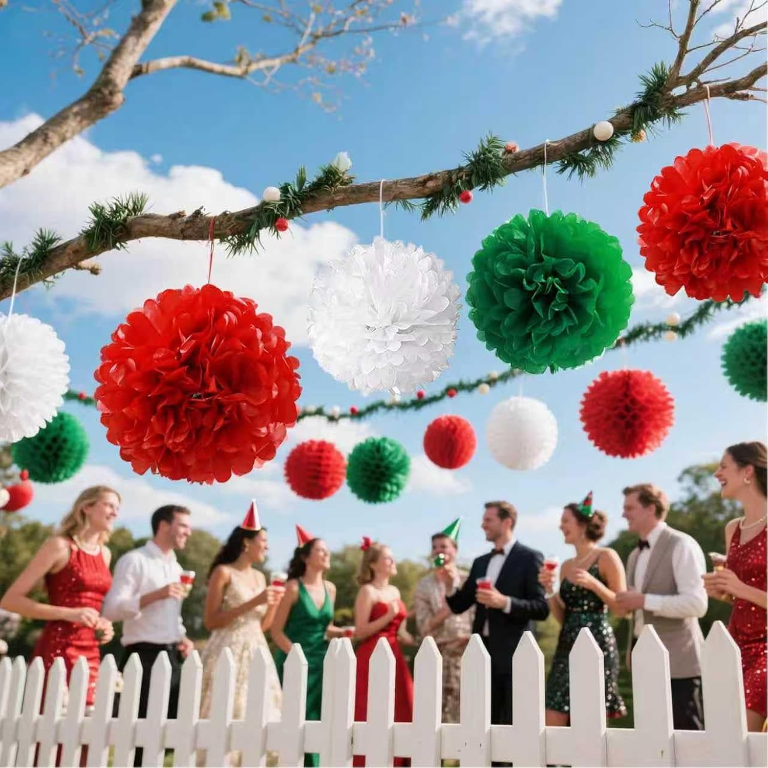 Red White And Green Tissue Paper Pom Poms 12Pcs Flowers Balls Are Perfect For Christmas Theme Graduation Birthday Wedding Party Decoration