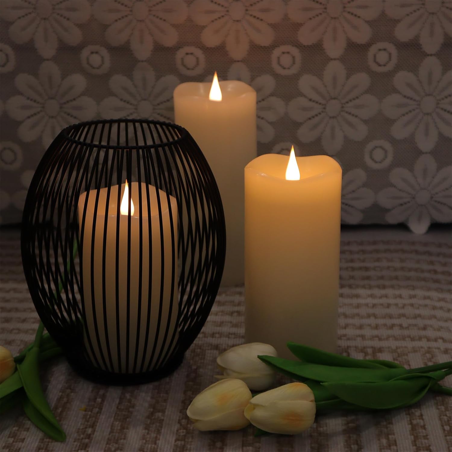 3 Pack Flickering Flameless Candles Battery Operated With Timer, 3D Moving Flame Last 1000+ Hours, Ivory Real Wax Electric Led Pillar Candle For Wedding Christmas Decorations