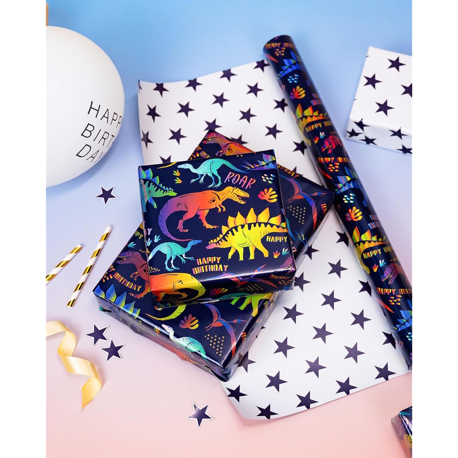 Dinosaur Wrapping Paper Roll,Colorful Dinosaur With Happy Birthday/Roar & Star Reversible Gift Wrap For Kids Birthday, Baby Boy Shower,Party,Celebration - Mini Roll(17 In X 32.8 Ft)