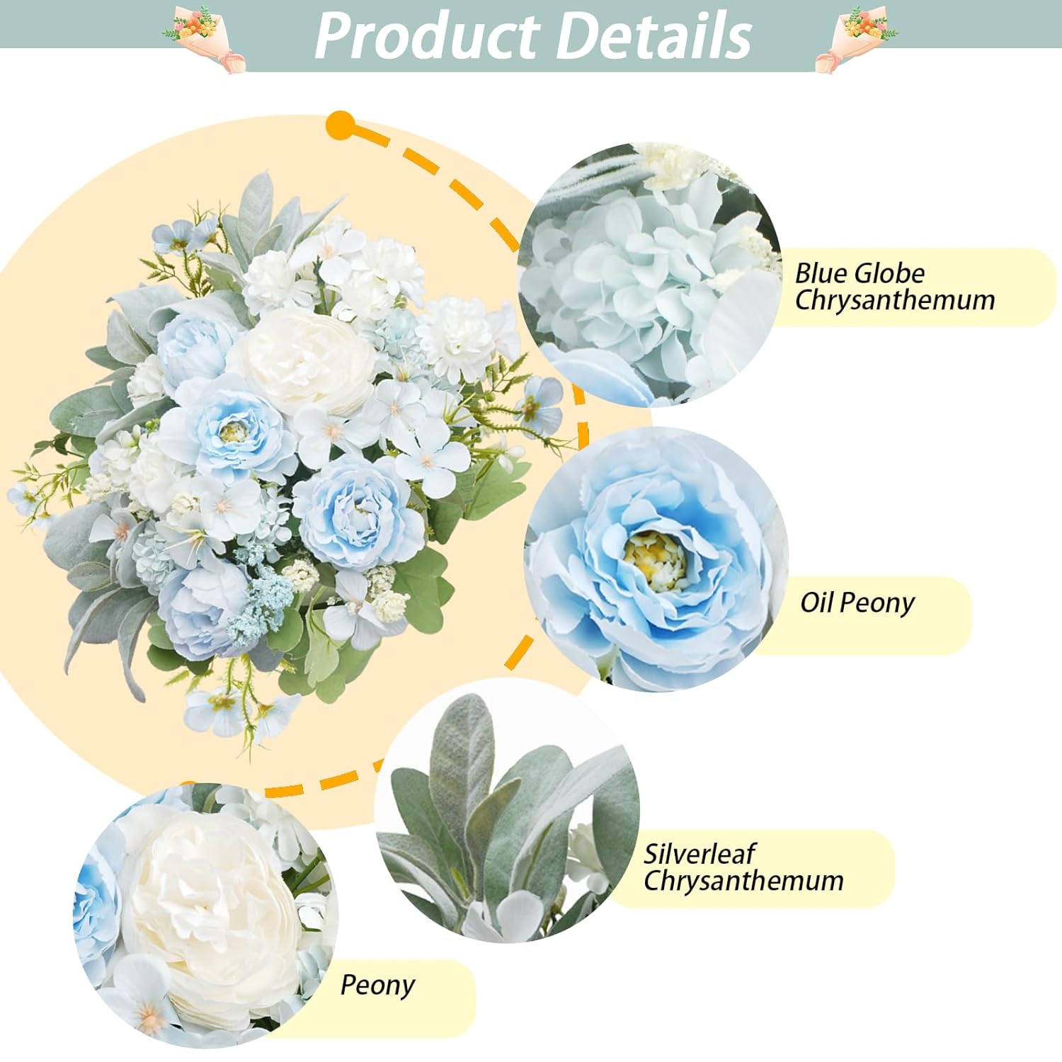 Fake Peonies Artificial Flowers, Baby Blue Silk Bouquets With Ball Chrysanthemum Peony Cineraria, Spring Faux Floral Arrangements For Home Table Centerpiece Grave Flowers For Cemetery