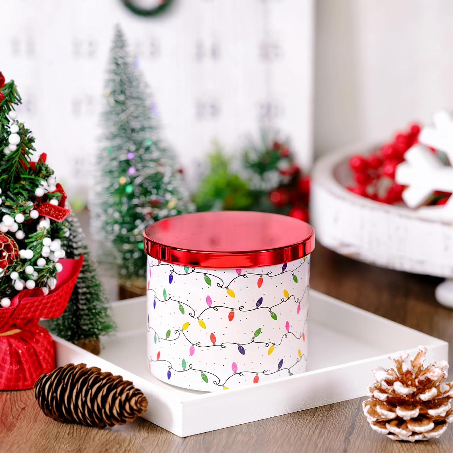 Christmas Candles, Xmas Berry Jam Scented Candle, Large 3 Wicks, 14 Oz Christmas String Lights Candle Gift