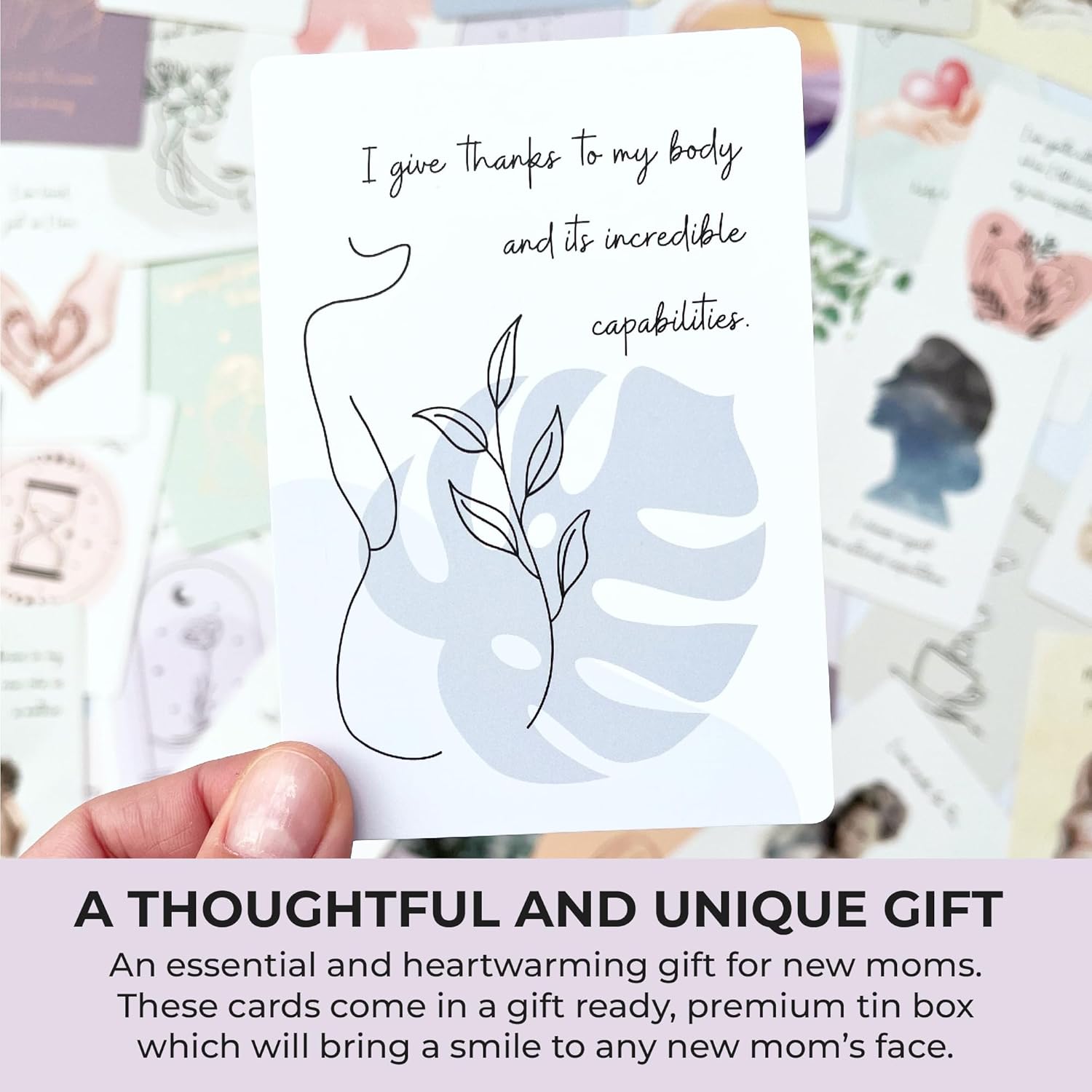 New Mom Affirmation Cards - 50 Postpartum Affirmation Cards For Women - Pregnancy & Self-Care Gifts For New Mom After Birth In Tin Box With Wooden Stand
