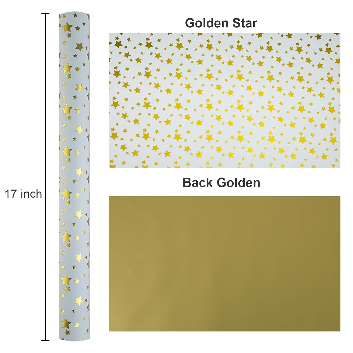 Gold Foil Five-Pointed Star Wrapping Paper, Reversible Gold Gift Wrap For Birthday, Valentines, Mothers Day, Graduation, Wedding, Fathers Day, Baby Shower, Christmas (17In X 32.8Ft)
