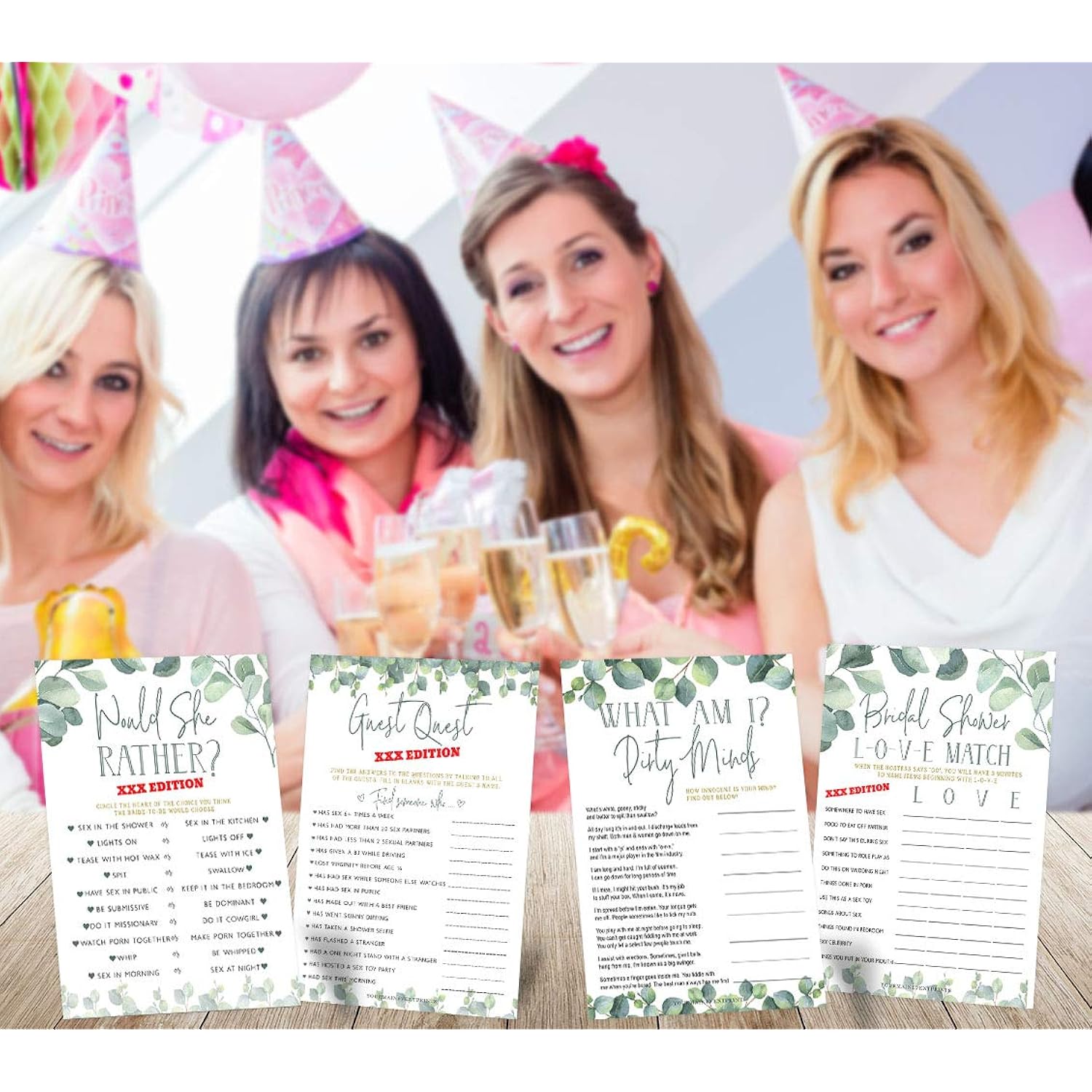 Eucalyptus Bridal Shower Games And Activities – Naughty Game Pack, 4 Games Included, Printed Double-Sided, 25 Of Each Game