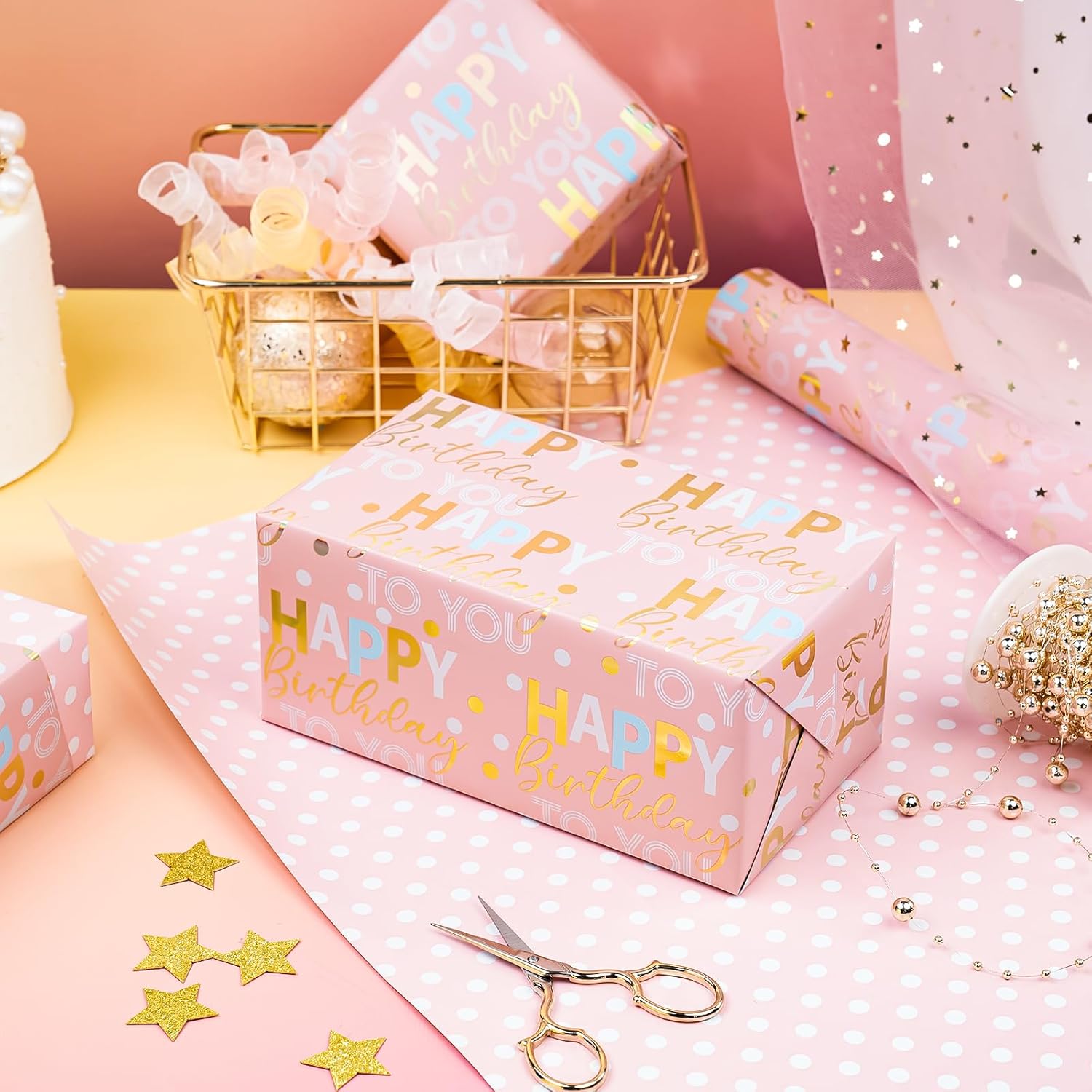 30 Inch Reversible Birthday Wrapping Paper - 30 Inch X 33 Feet - Rose Gold Foil And Iridescent Happy Birthday Wrapping Paper For Girls, Women, Baby Shower