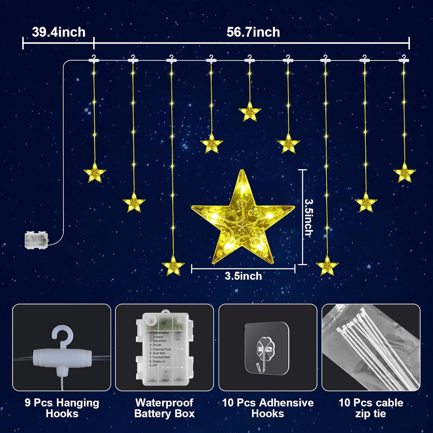 Christmas Window Lights With 3 Pcs Xmas Cards, 76Leds 9 Stars Curtain Lights Battery Operated With Timer & 8 Mode, Ip65