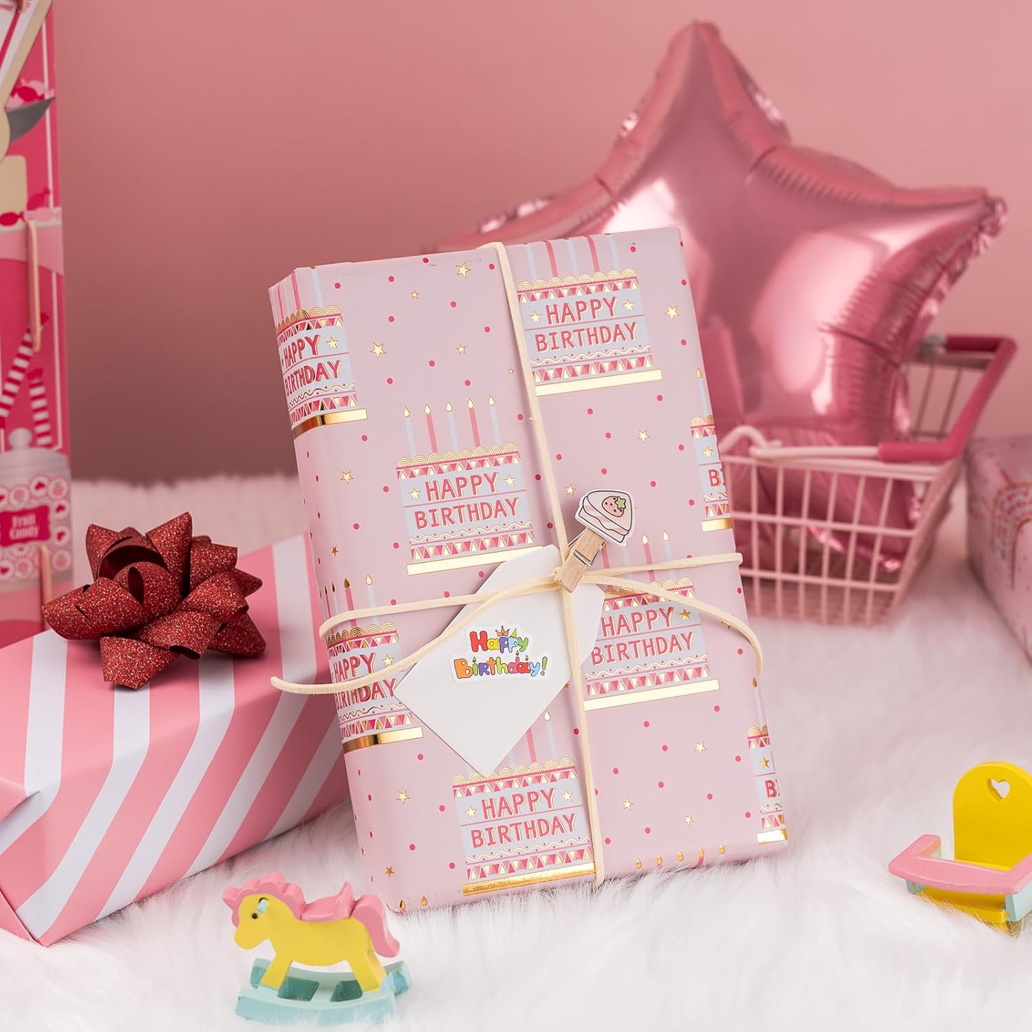 Pink Birthday Wrapping Paper Roll - 17 Inch X 33 Feet - Girly Shiny Metallic Pink Birthday Cake Pattern Reversible Gift Wrap Paper Pastel For Girl Baby Shower Wedding Bridal Shower