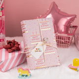Pink Birthday Wrapping Paper Roll - 17 Inch X 33 Feet - Girly Shiny Metallic Pink Birthday Cake Pattern Reversible Gift Wrap Paper Pastel For Girl Baby Shower Wedding Bridal Shower
